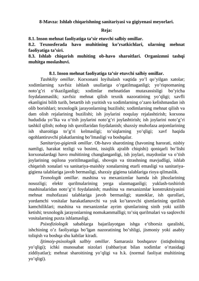 Ishlab chiqarishning sanitariyasi va gigiyenasi meyorlari 1