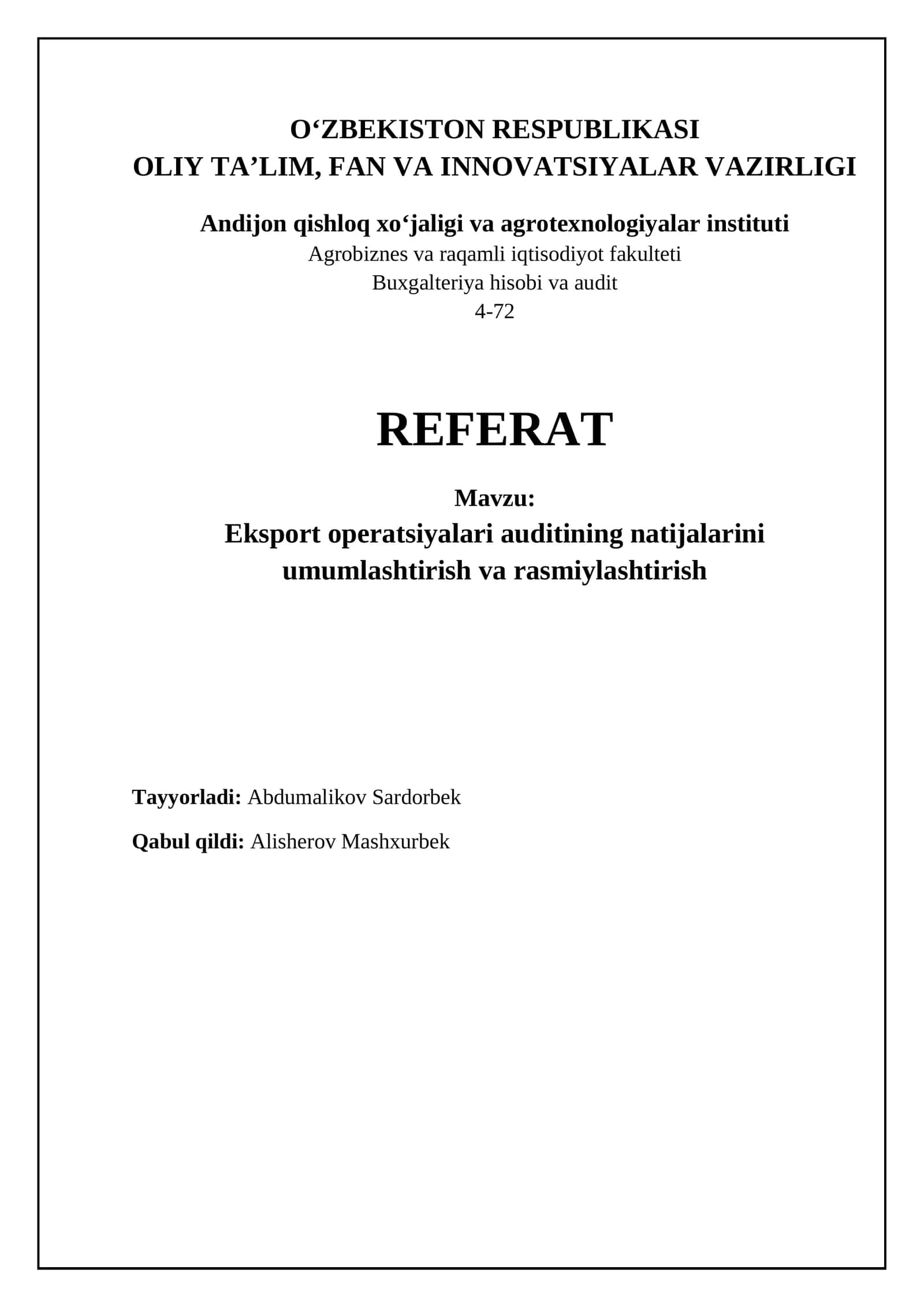 Eksport operatsiyalari auditining asosiy natijalari va xulosalari 1