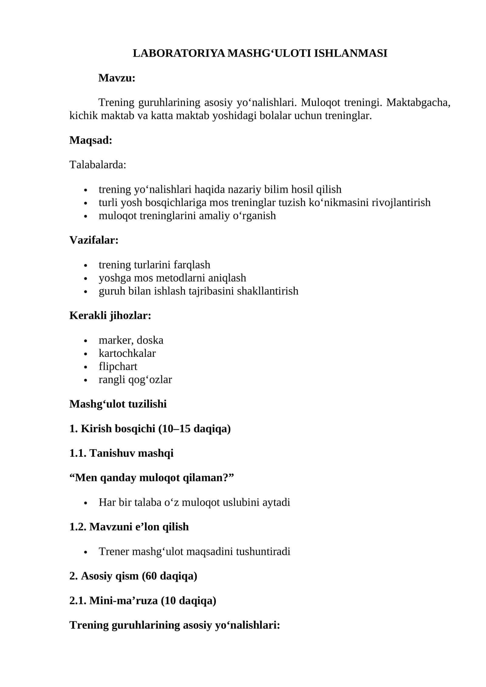 Trening guruhlarining asosiy yo‘nalishlari. Muloqot treningi. Maktabgacha, kichik maktab va katta maktab yoshidagi bolalar uchun treninglar 1