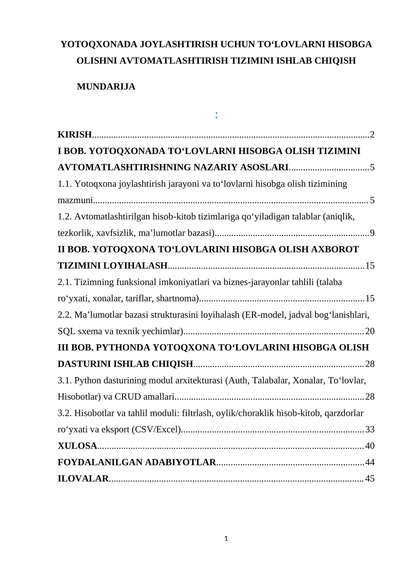 Yotoqxonada Joylashtirish Uchun To'lovlarni Hisobga Olishni Avtomatlashtirish Tizimini Ishlab Chiqish 1