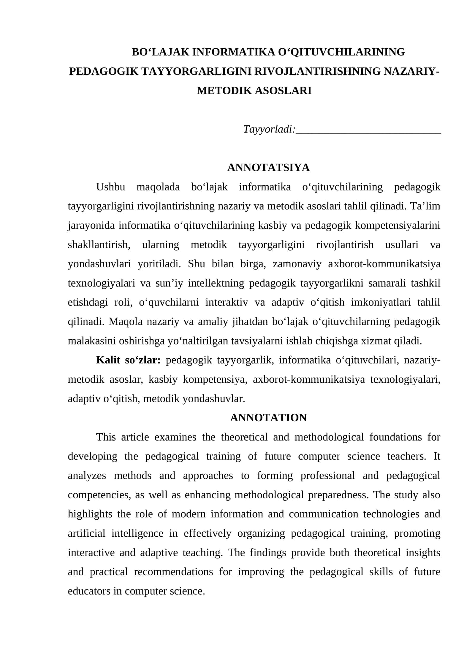 BO‘LAJAK INFORMATIKA O‘QITUVCHILARINING PEDAGOGIK TAYYORGARLIGINI RIVOJLANTIRISHNING NAZARIY-METODIK ASOSLARI 1