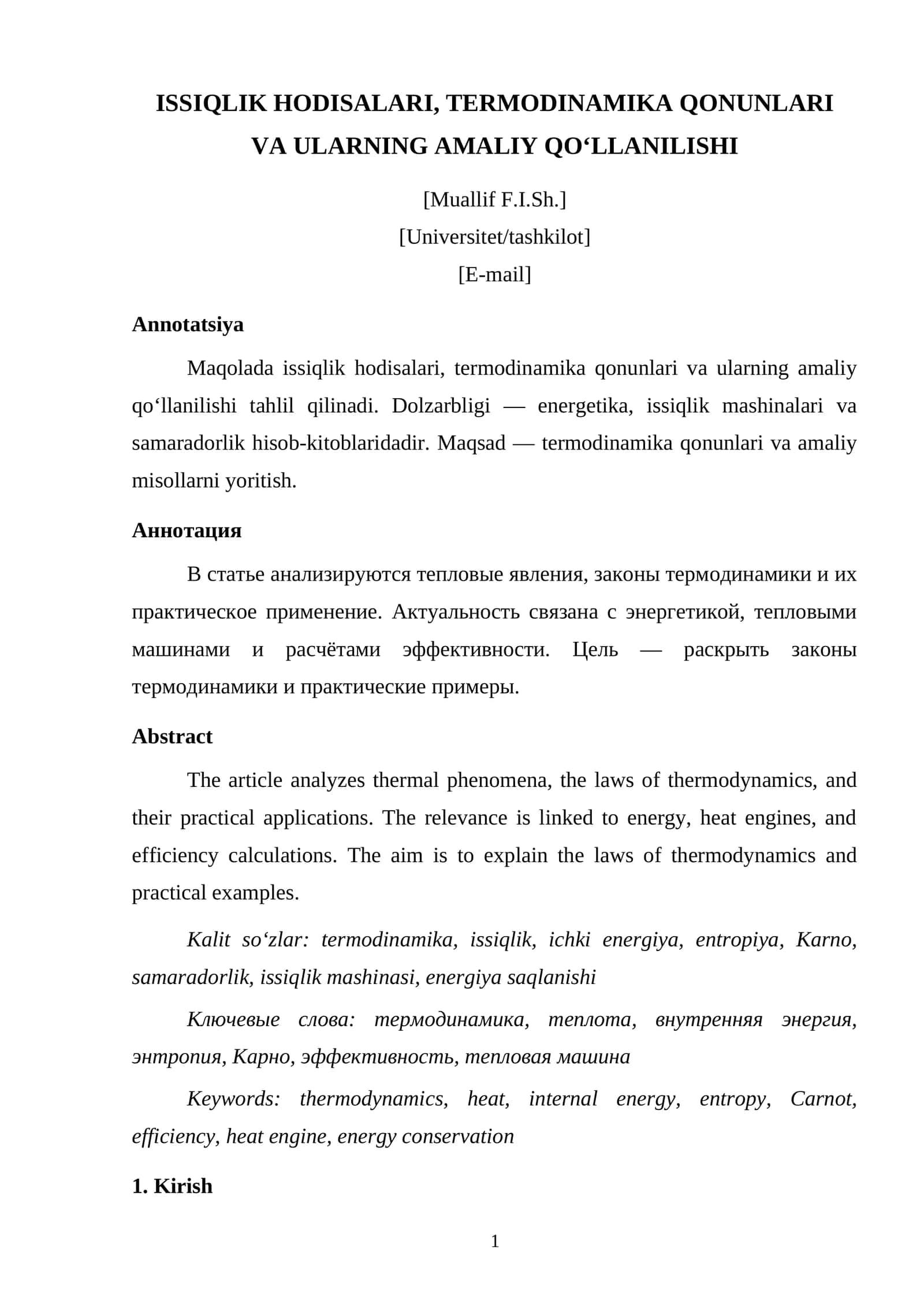 ISSIQLIK HODISALARI, TERMODINAMIKA QONUNLARI VA ULARNING AMALIY QO‘LLANILISHI 1