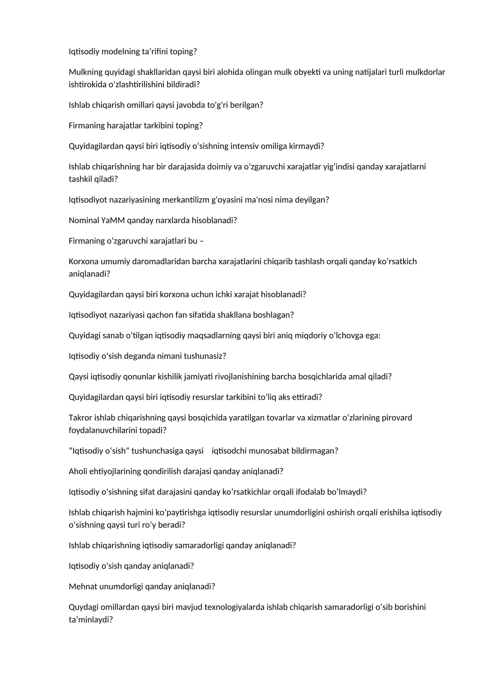 Iqtisodiyot nazariyasi sesiya savollari 1