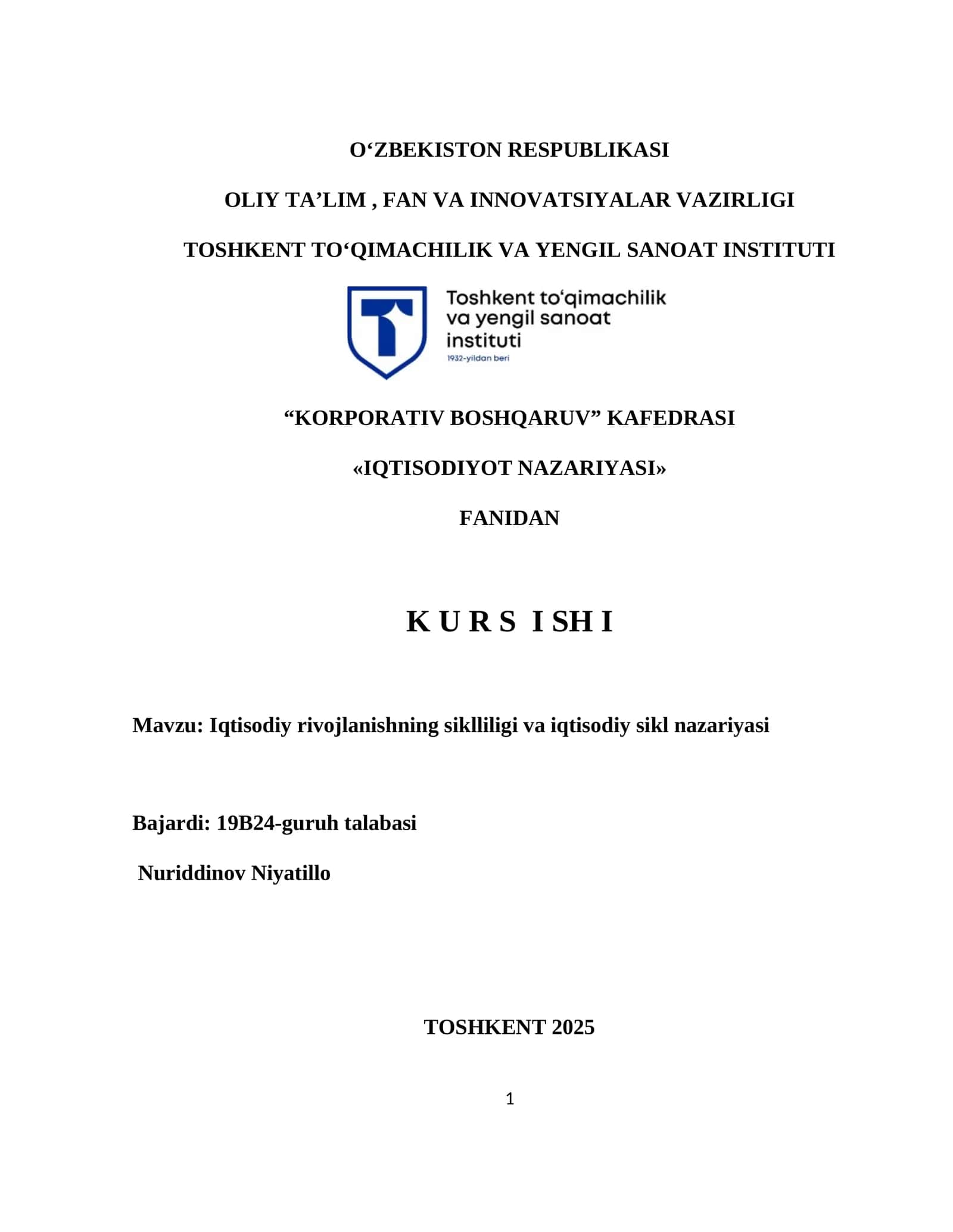 Iqtisodiy rivojlanishning siklliligi va iqtisodiy sikl nazariyasi 1