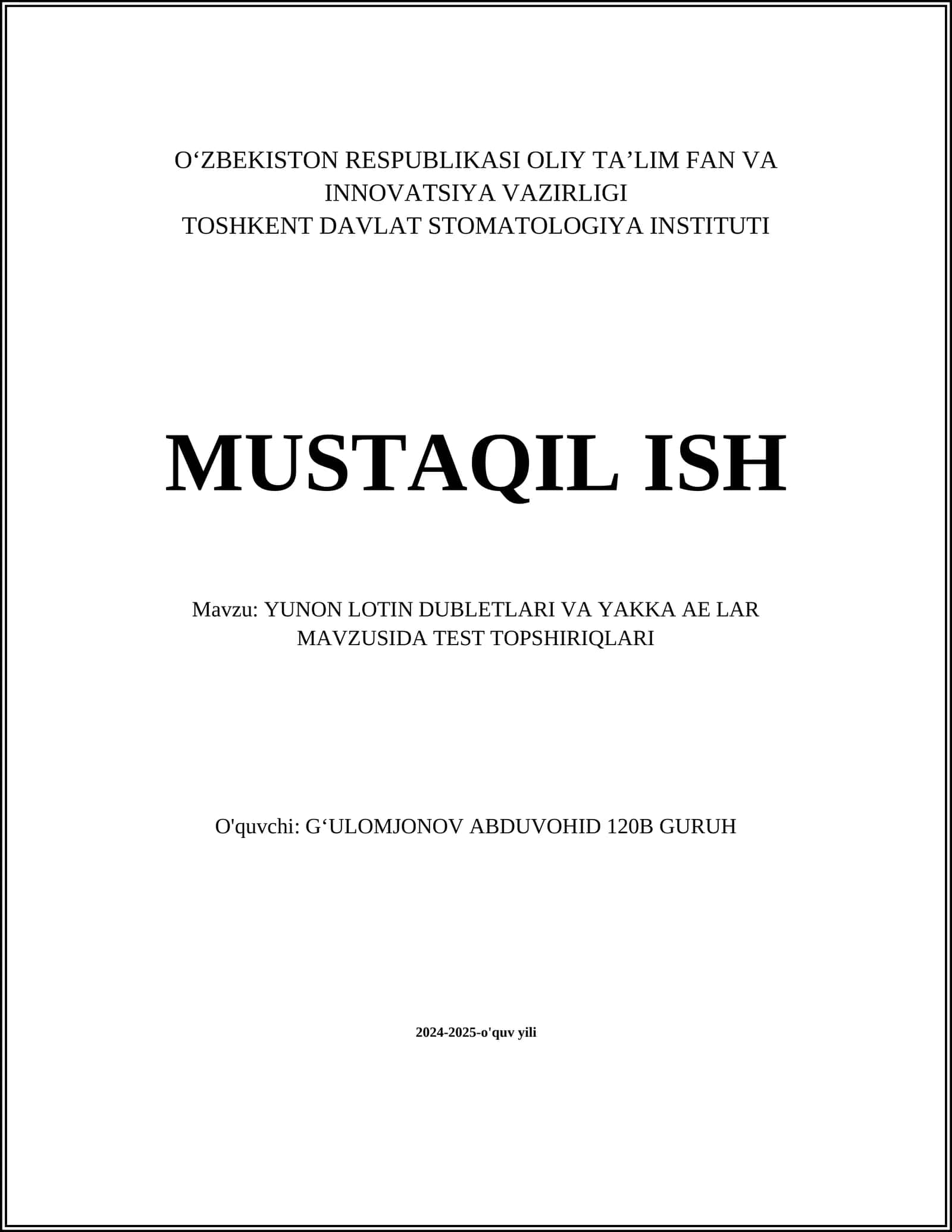 YUNON LOTIN DUBLETLARI VA YAKKA AE LAR MAVZUSIDA TEST TOPSHIRIQLARI 1