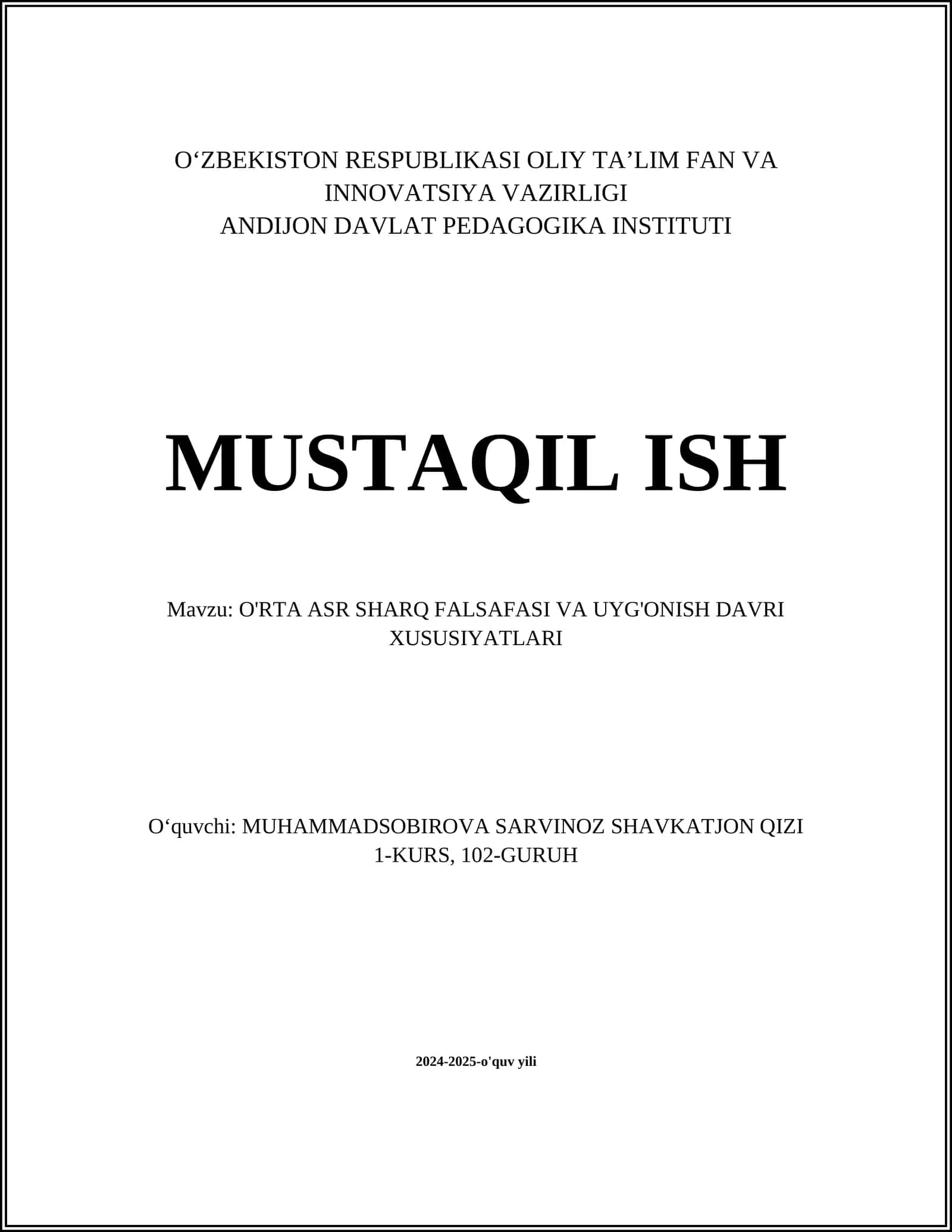O'RTA ASR SHARQ FALSAFASI VA UYG'ONISH DAVRI XUSUSIYATLARI 1
