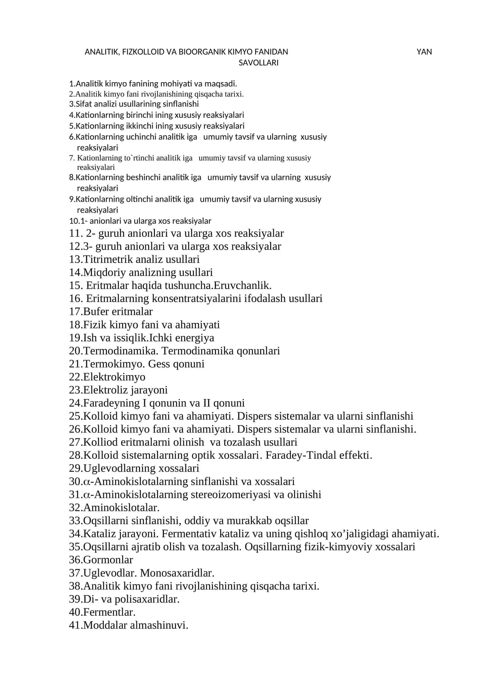 ANALITIK, FIZKOLLOID VA BIOORGANIK KIMYO FANIDAN YAN SAVOLLARI 1