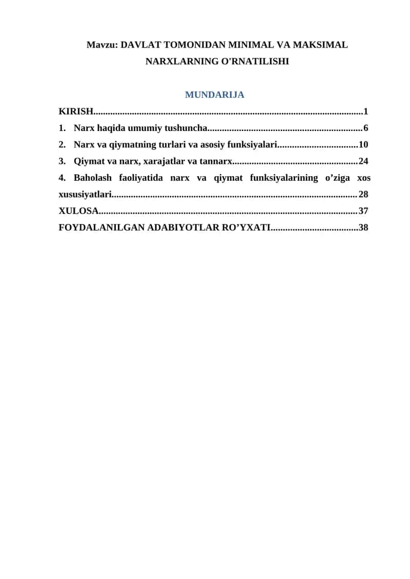 DAVLAT TOMONIDAN MINIMAL VA MAKSIMAL NARXLARNING O'RNATILISHI 1