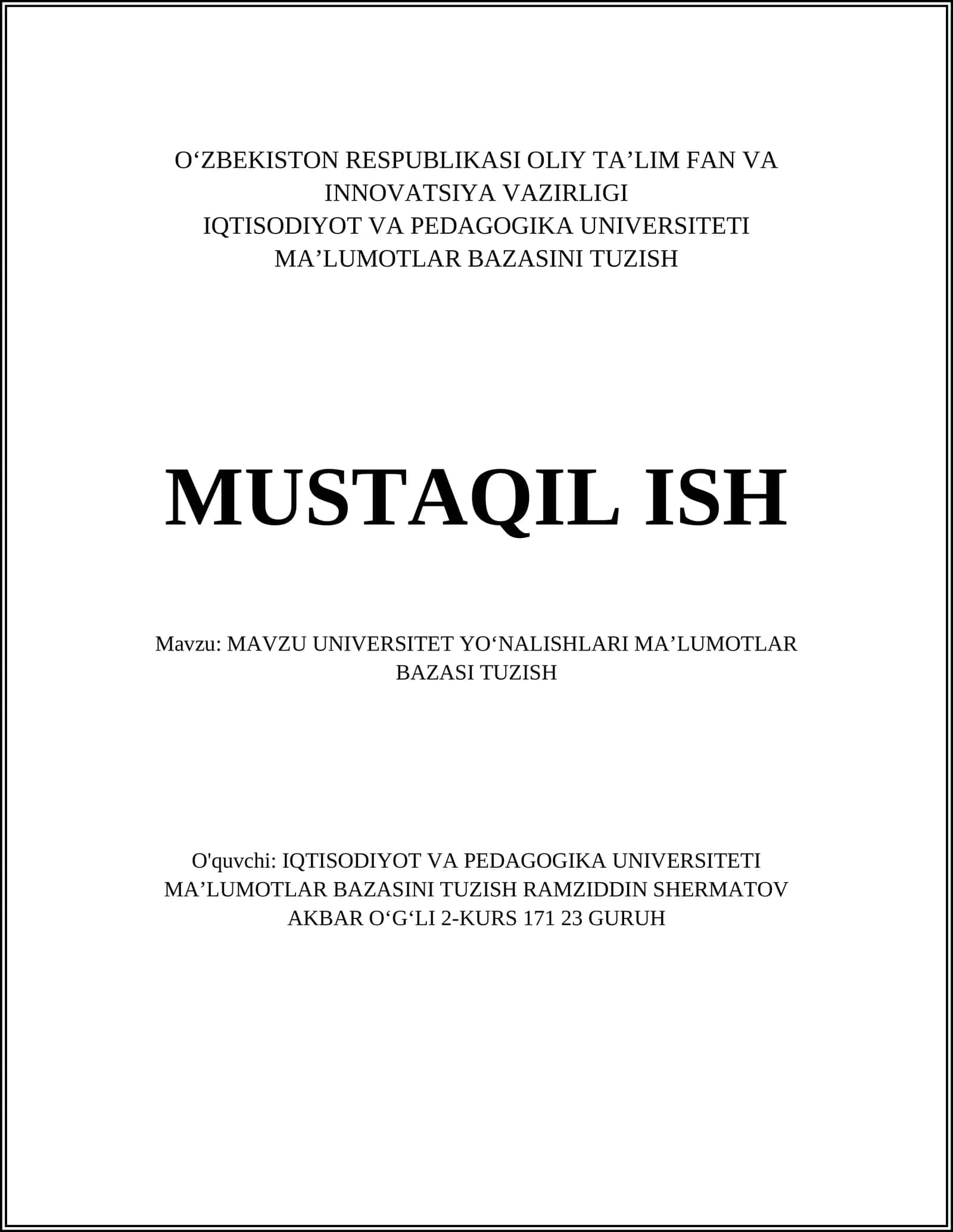 MAVZU UNIVERSITET YOʻNALISHLARI MAʼLUMOTLAR BAZASI TUZISH 1