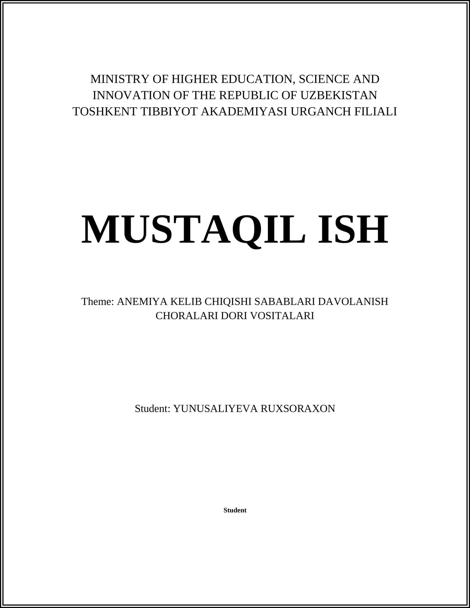 ANEMIYA KELIB CHIQISHI SABABLARI DAVOLANISH CHORALARI DORI VOSITALARI 1
