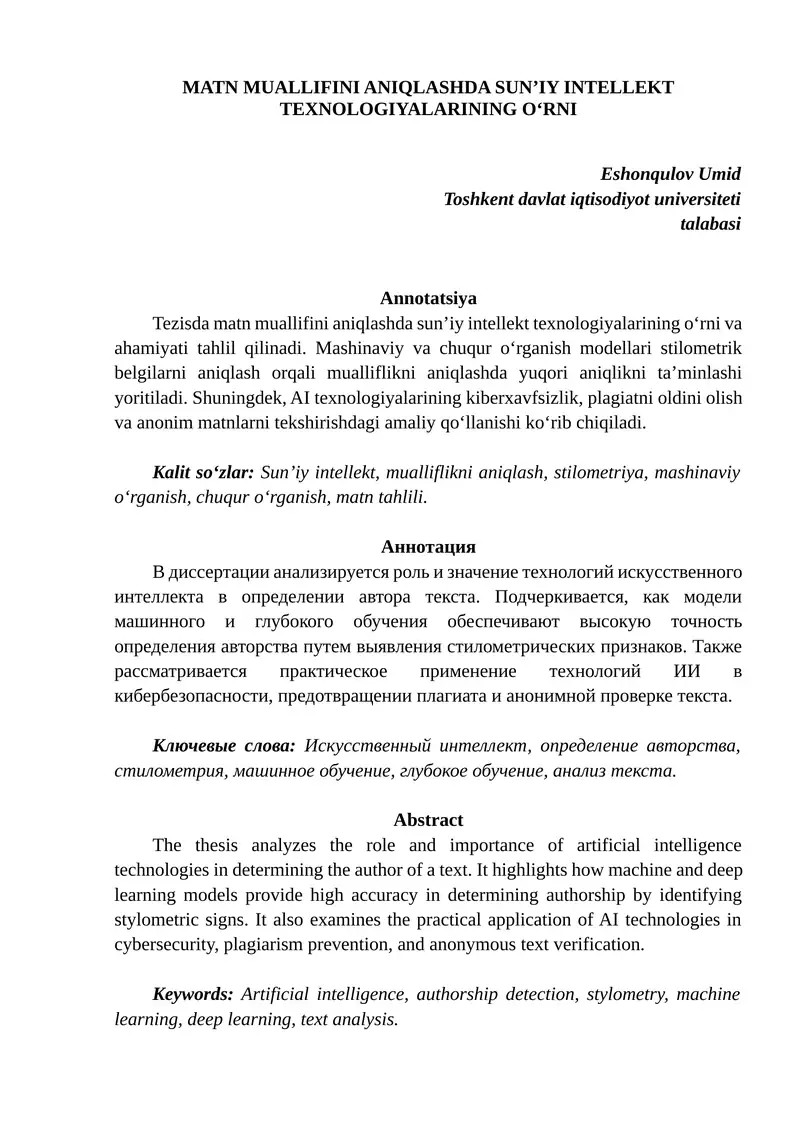 Matn Muallifini Aniqlashda Sun’iy Intellekt Texnologiyalarining O‘rni 1
