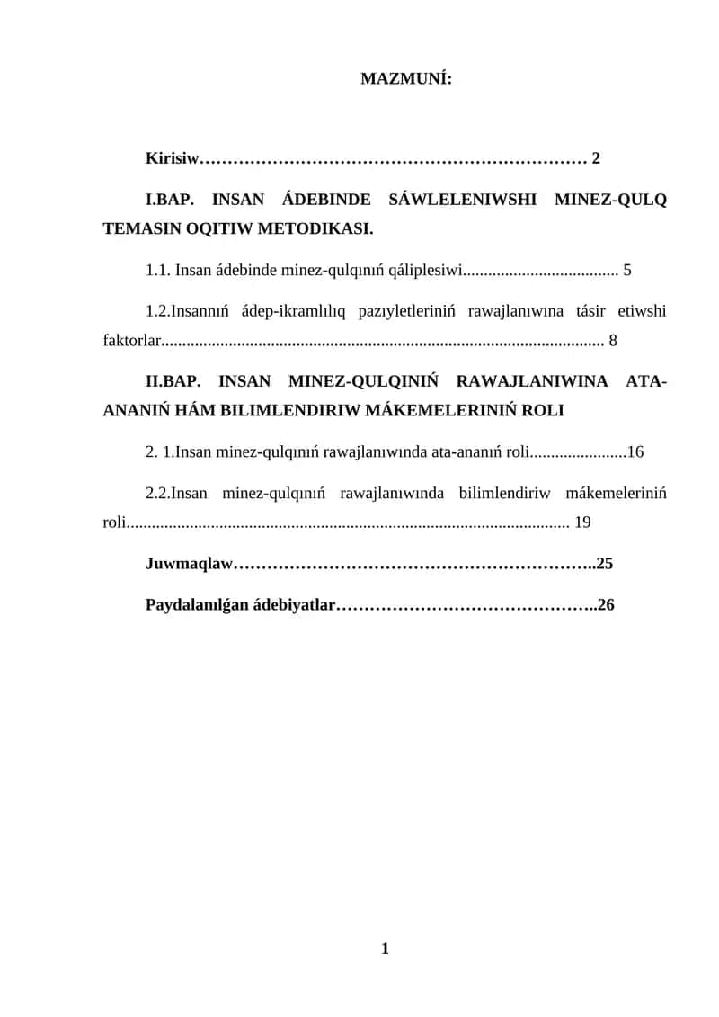 KURS JUMISI TÁRBIYA INSAN ÁDEBINDE SÁWLELENIWSHI MINEZ-QULQTI OQITIW METODIKASI 1