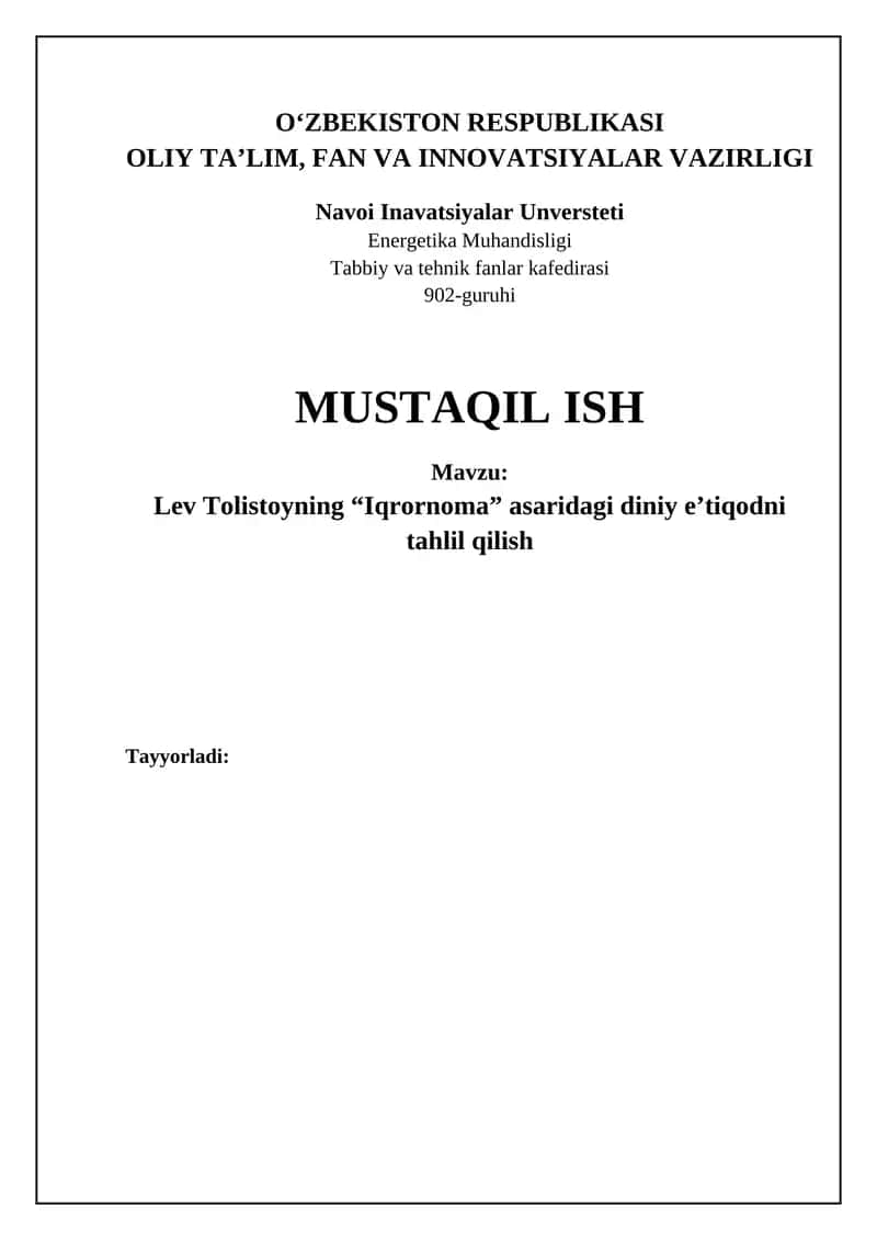 Lev Tolistoyning “Iqrornoma” asaridagi diniy e’tiqodni tahlil qilish 1