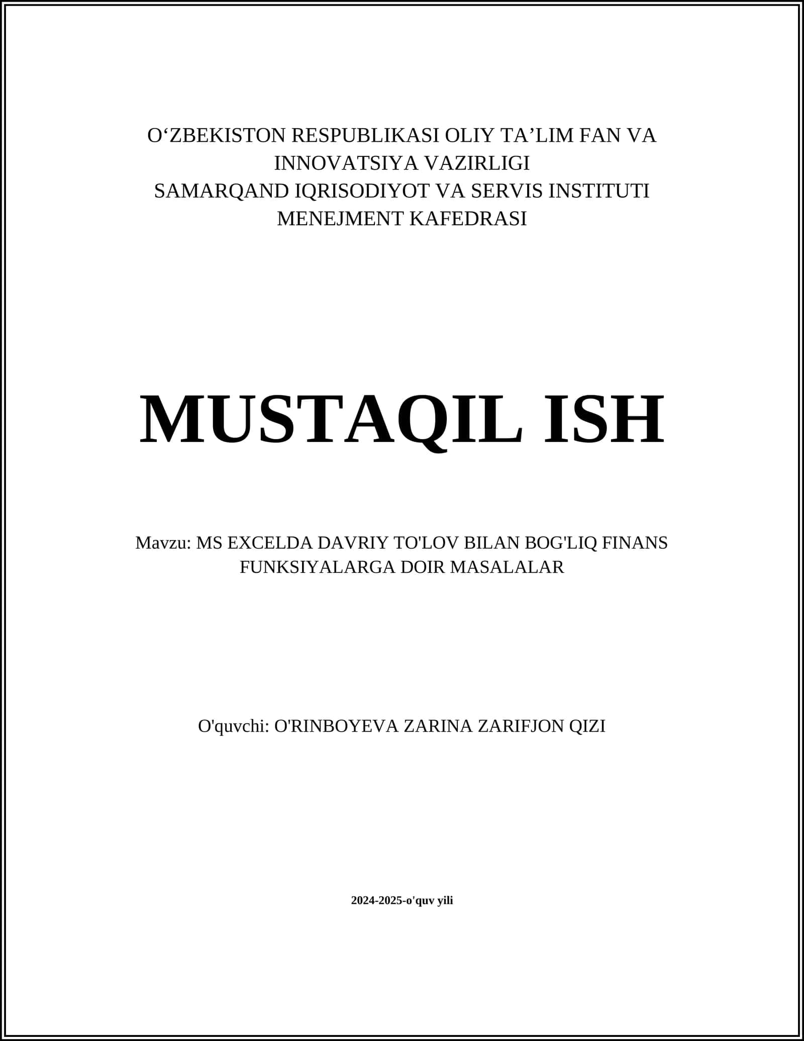 MS EXCELDA DAVRIY TO'LOV BILAN BOG'LIQ FINANS FUNKSIYALARGA DOIR MASALALAR 1