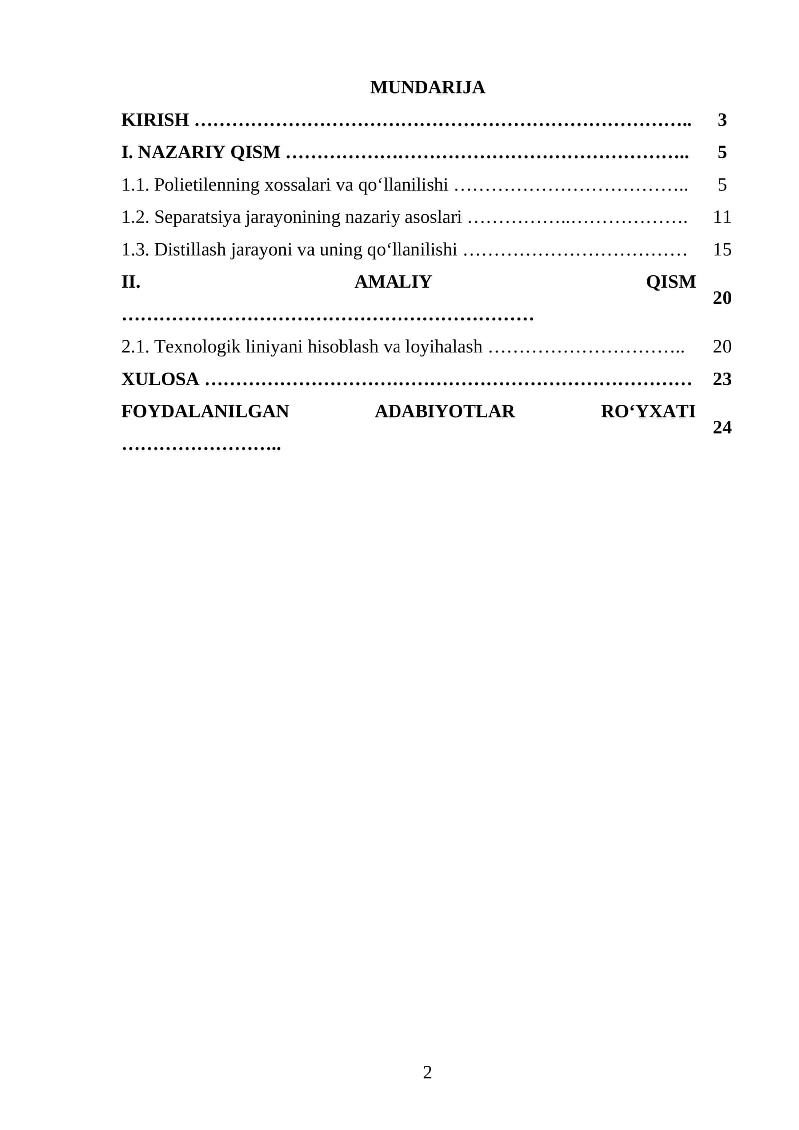 Separatsiya va distillash jarayonlarida PE ni ajratish texnologik liniyasini loyihalash. Q=130000 t/yil. 1