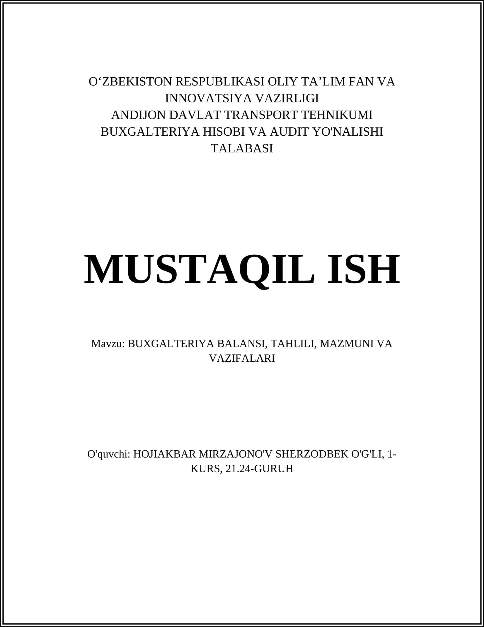 BUXGALTERIYA BALANSI, TAHLILI, MAZMUNI VA VAZIFALARI 1