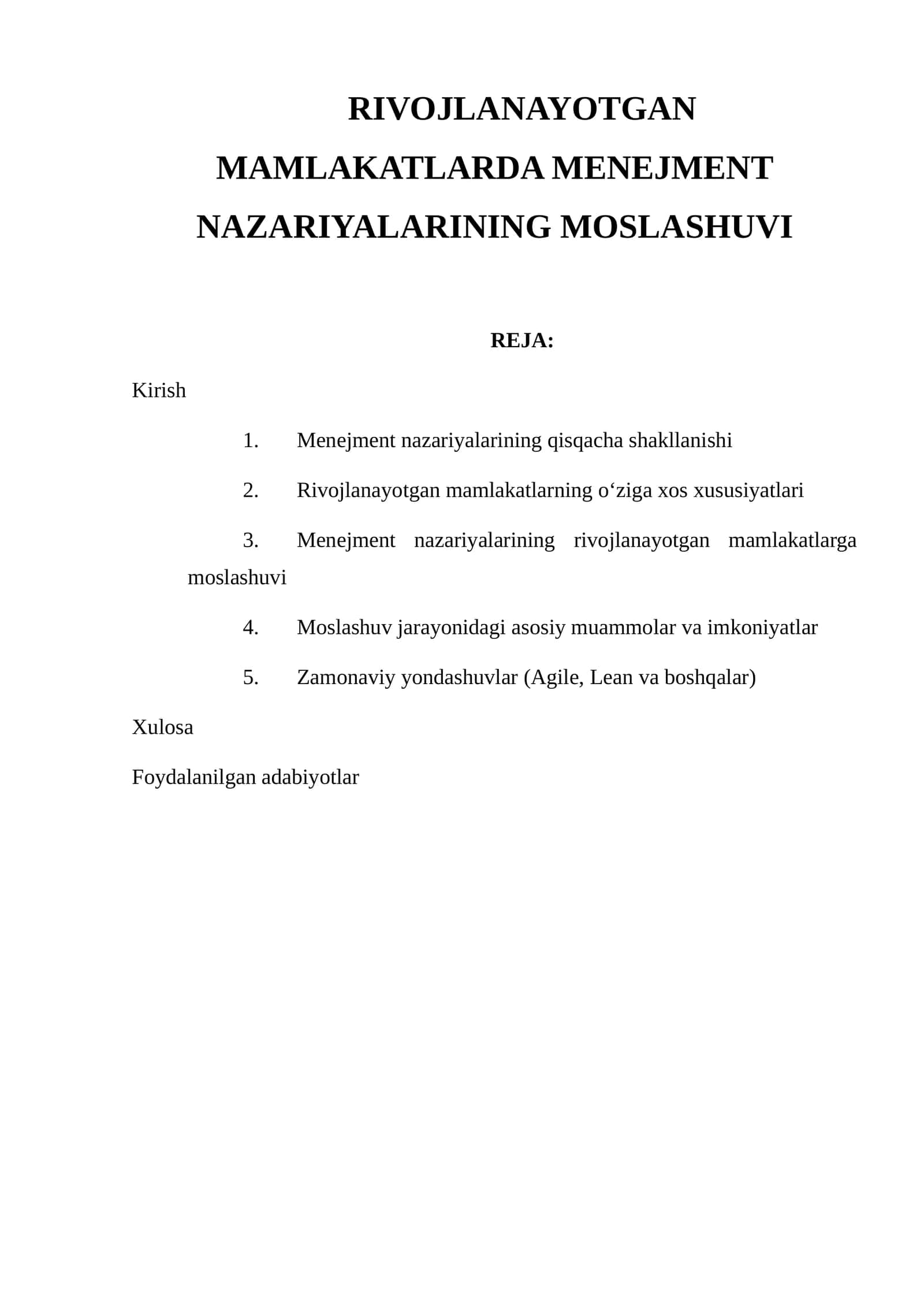 RIVOJLANAYOTGAN MAMLAKATLARDA MENEJMENT NAZARIYALARINING MOSLASHUVI 1