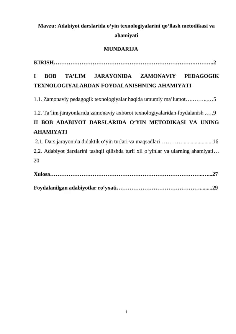 Adabiyot darslarida oʻyin texnologiyalarini qoʻllash metodikasi va ahamiyati 1