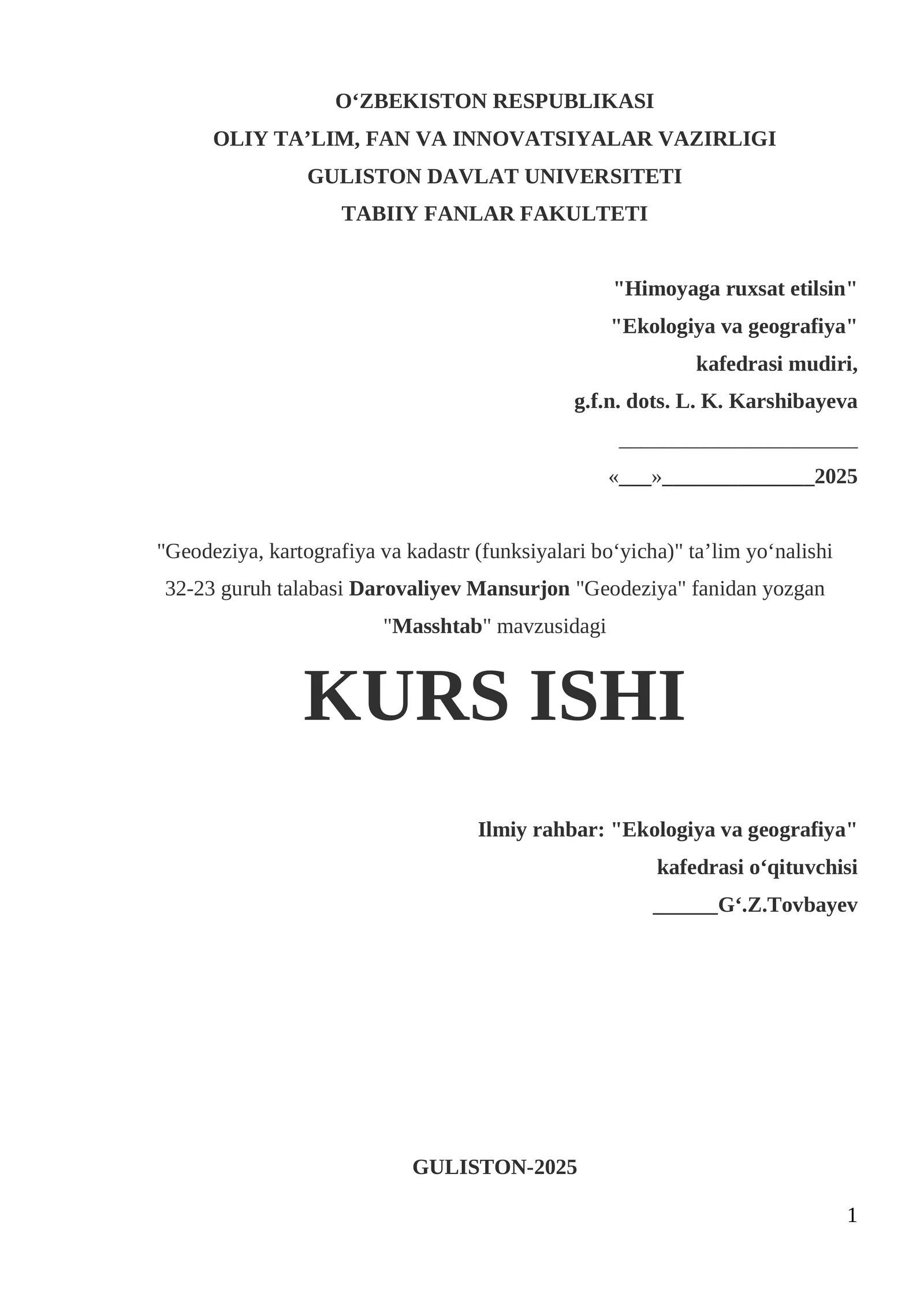 Geodeziya fanidan "Mashtab" mavzusidagi KURS ISHI 1
