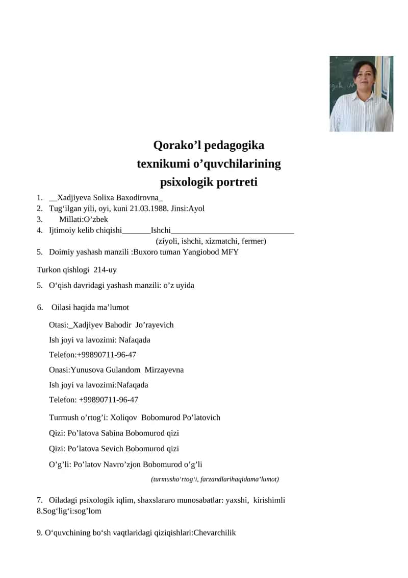 Qorako’l pedagogika texnikumi o’quvchilarining psixologik portreti 1