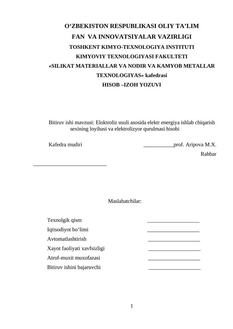 Eloktroliz usuli asosida elektr energiya ishlab chiqarish sexining loyihasi va elektrolizyor qurulmasi hisobi 1