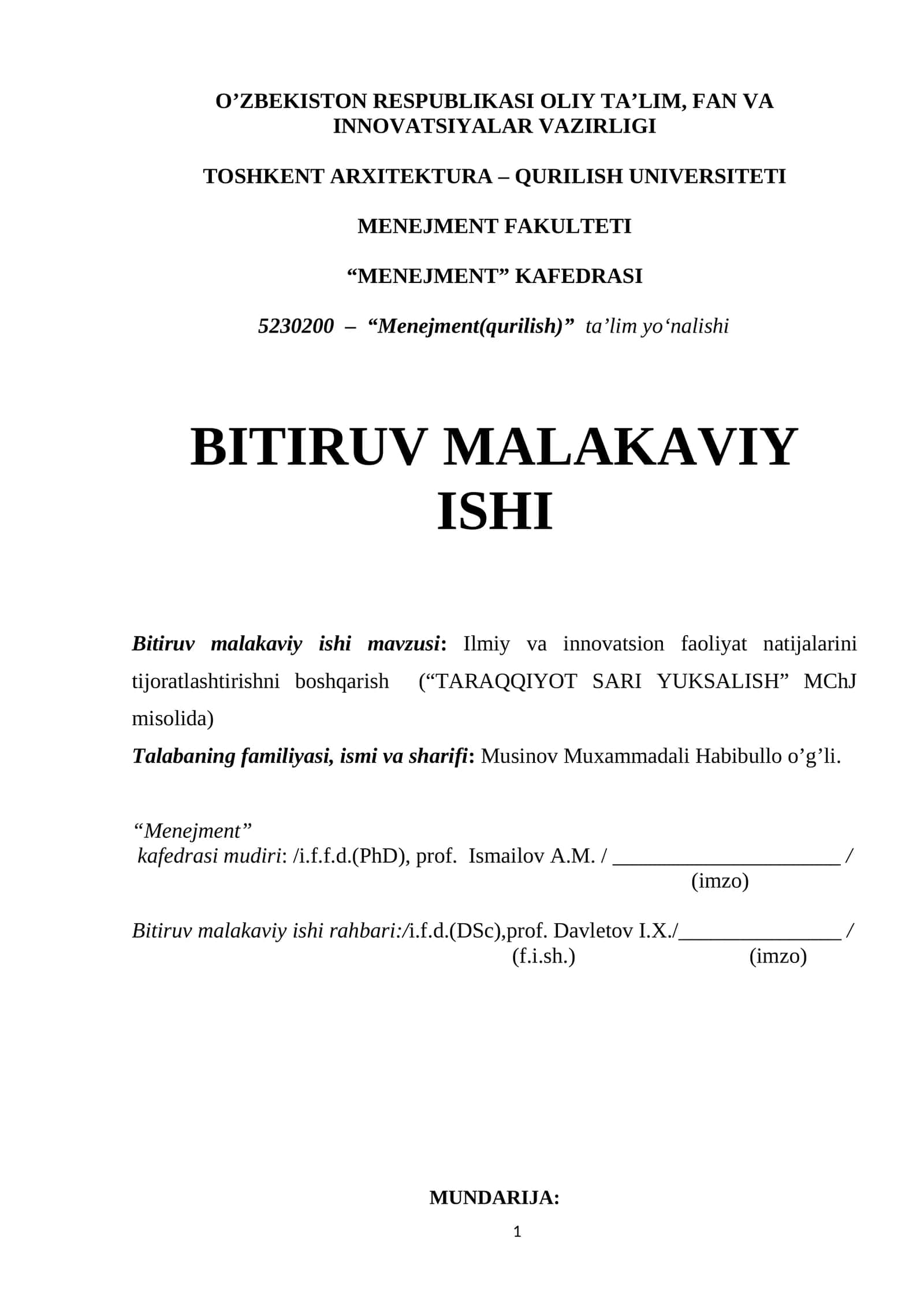 Bitiruv malakaviy ishi: Ilmiy va innovatsion faoliyat natijalarini tijoratlashtirishni boshqarish ("TARAQQIYOT SARI YUKSALISH" MChJ misolida) 1