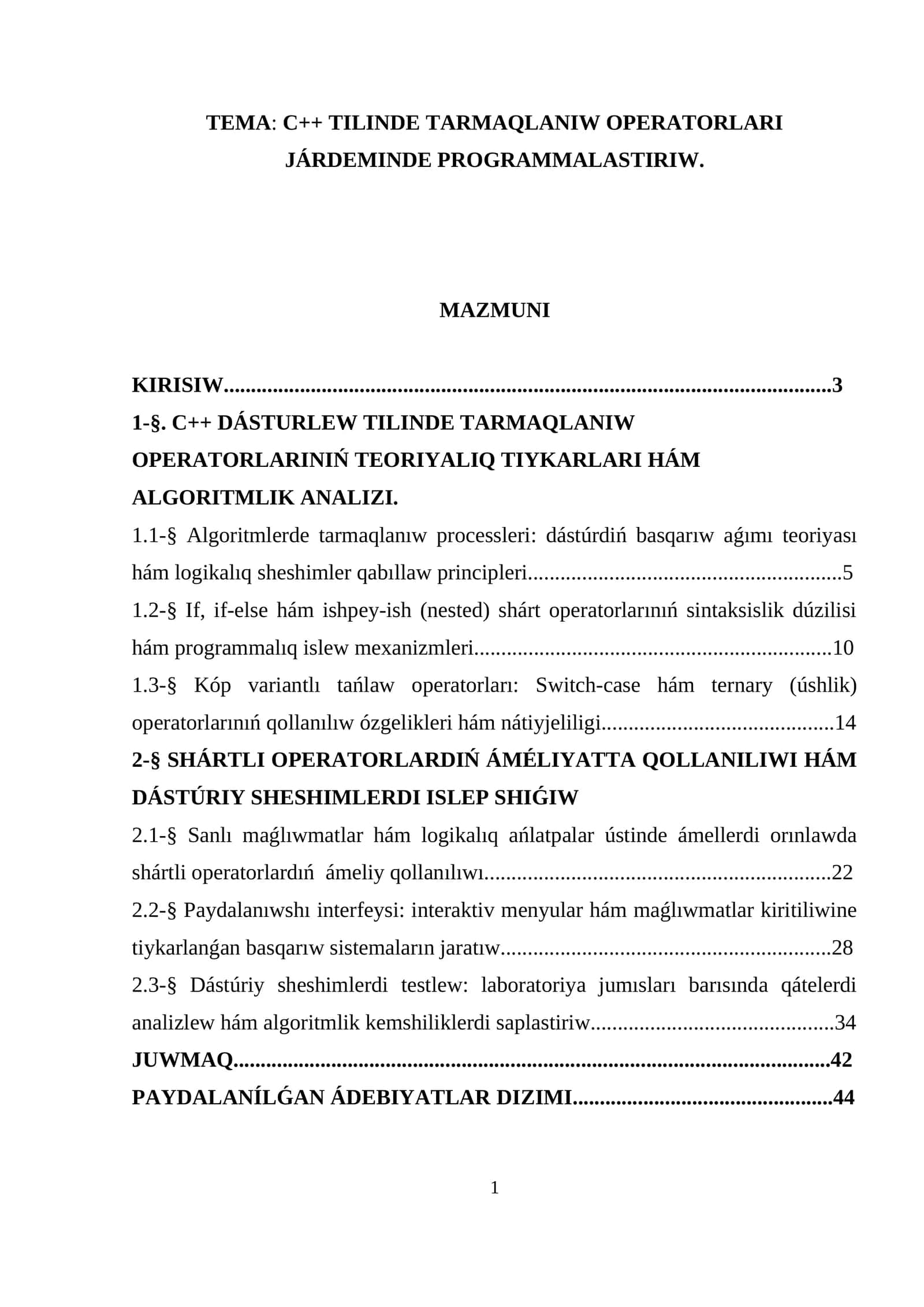C++ tilinde tarmaqlaniw operatorlar 1