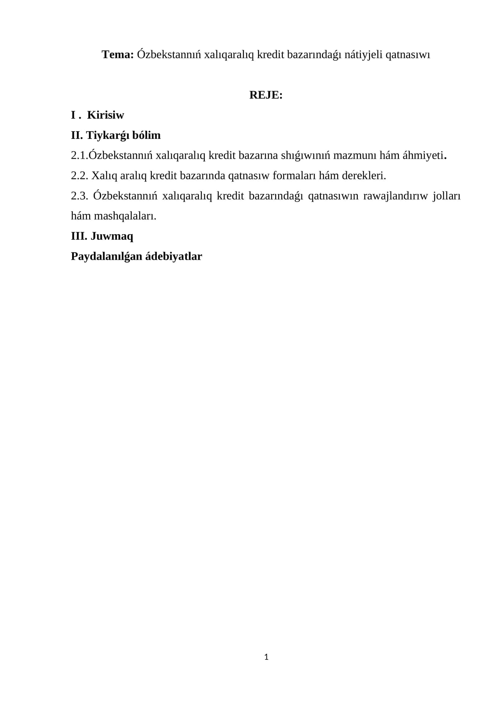 Ózbekstannıń xalıqaralıq kredit bazarındaǵı nátiyjeli qatnasıwı 1