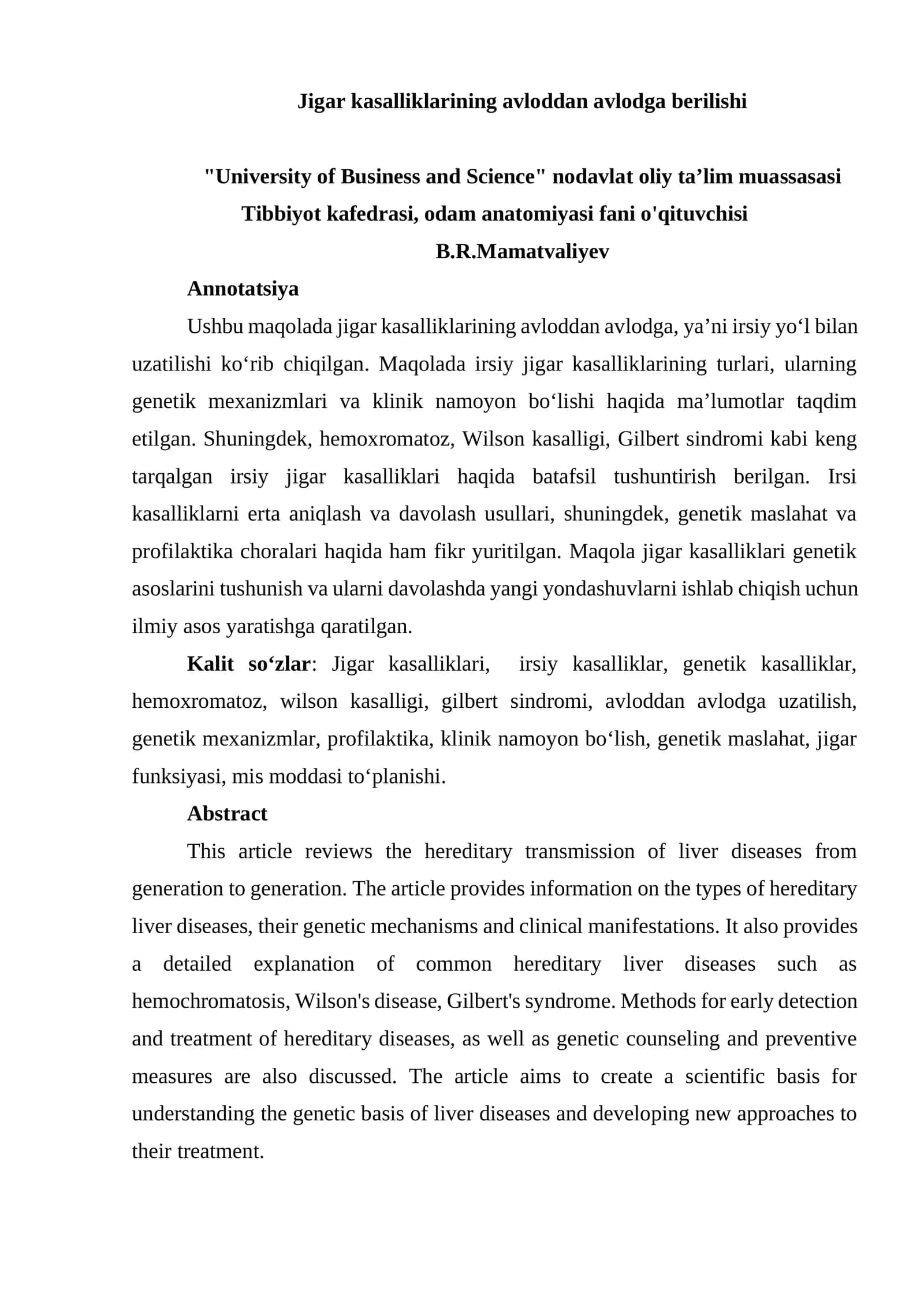 Jigar kasalliklarining avloddan avlodga berilishi 1