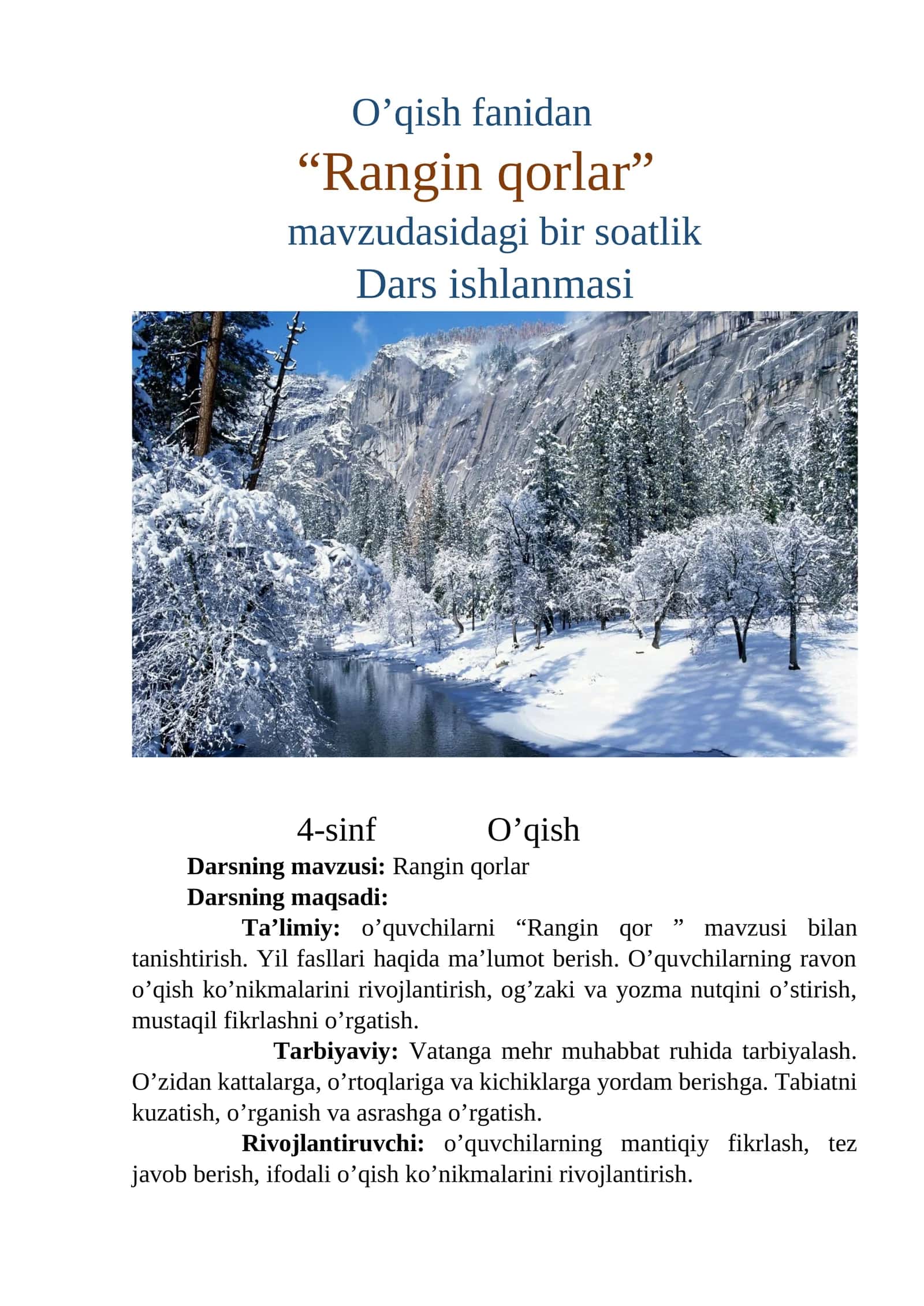 4-sinf O'qish fanidan ochiq dars ishlanma. Rangin qorlar 1
