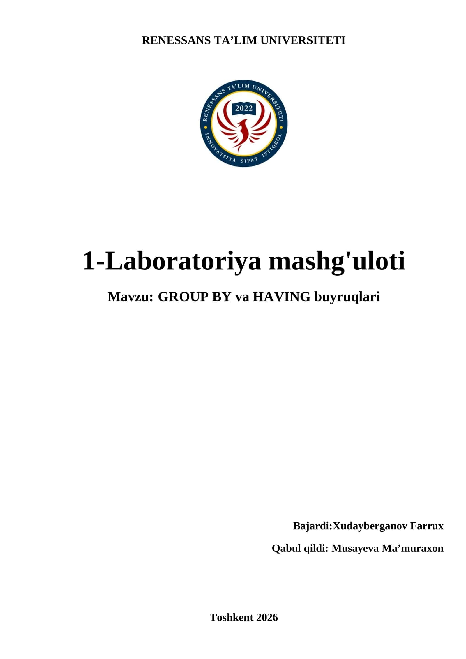 GROUP BY va HAVING buyruqlari Laboratoriya mashg'uloti 1