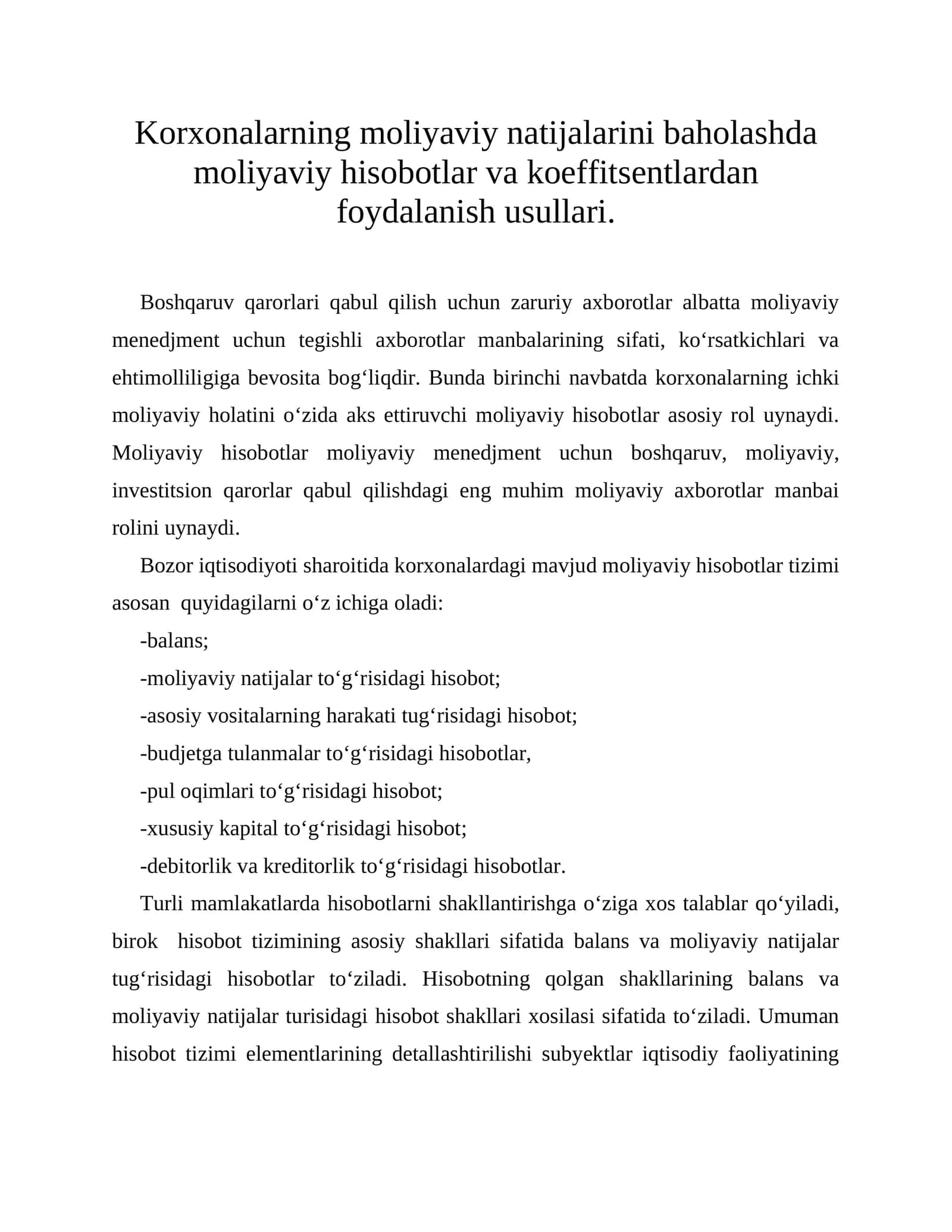 Korxonalarning moliyaviy natijalarini baholash 1