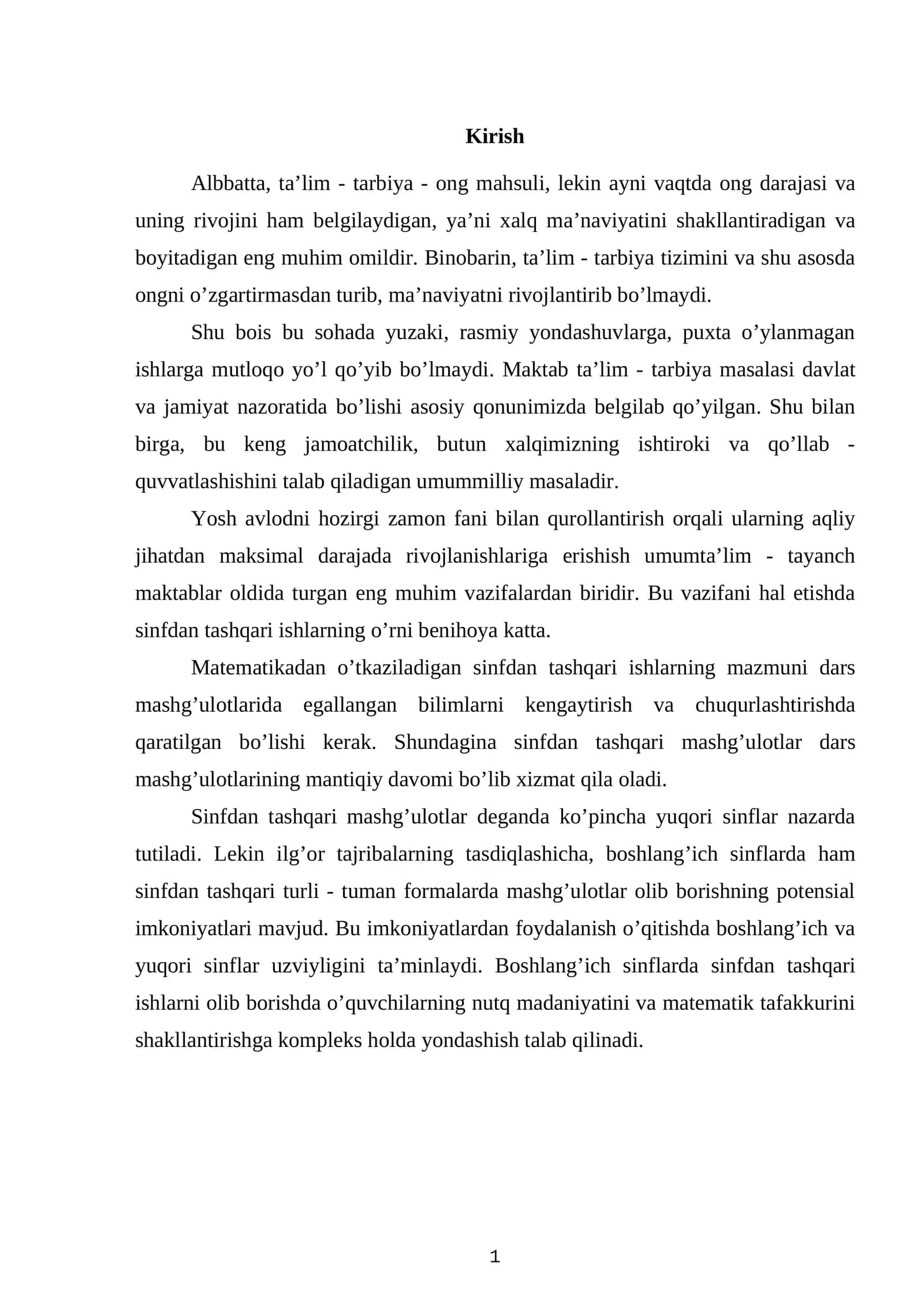 Matematikadan o’tkaziladigan sinfdan tashqari ishlarning mazmuni 1