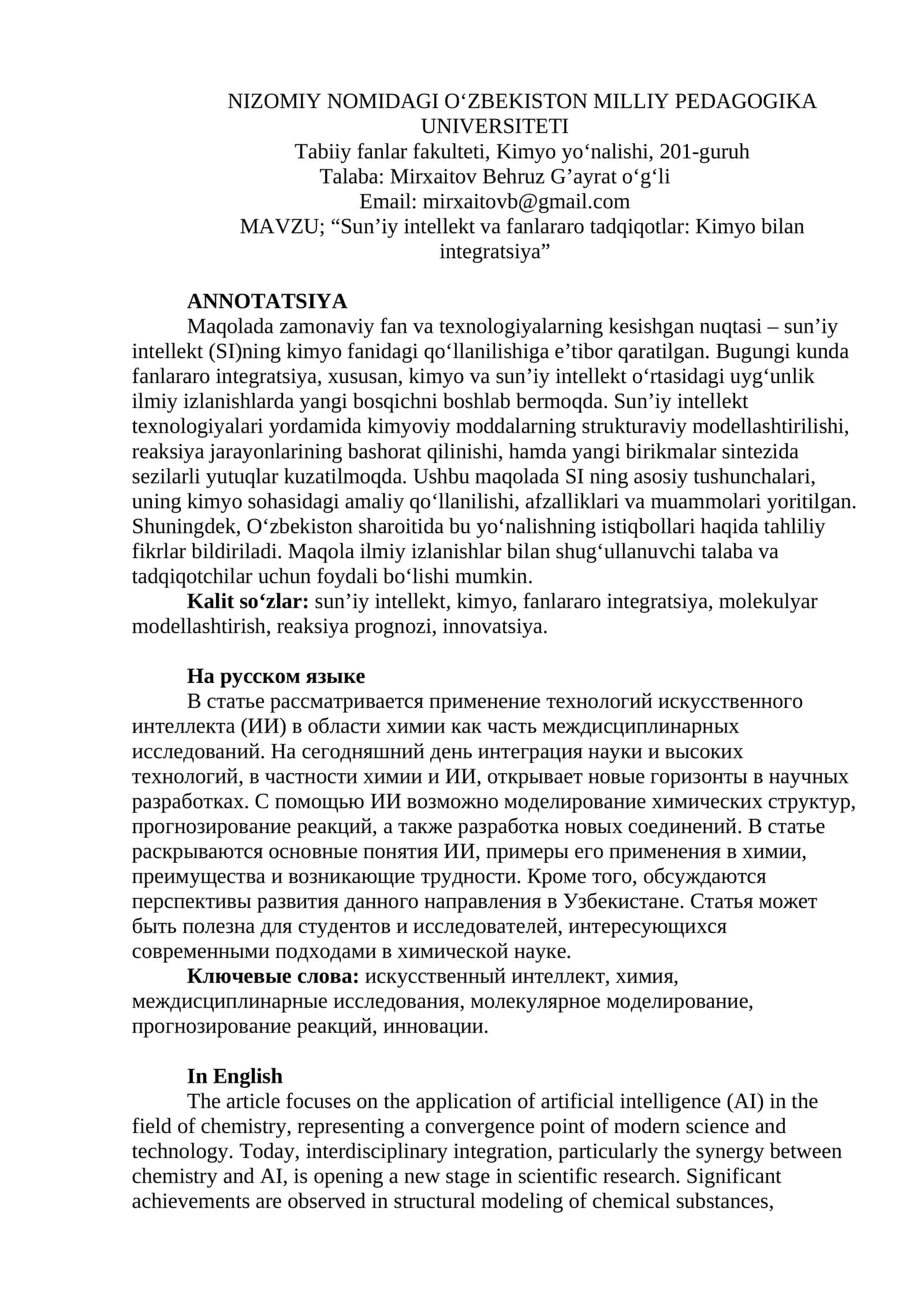 "Sun’iy intellekt va fanlararo tadqiqotlar: Kimyo bilan integratsiya" 1