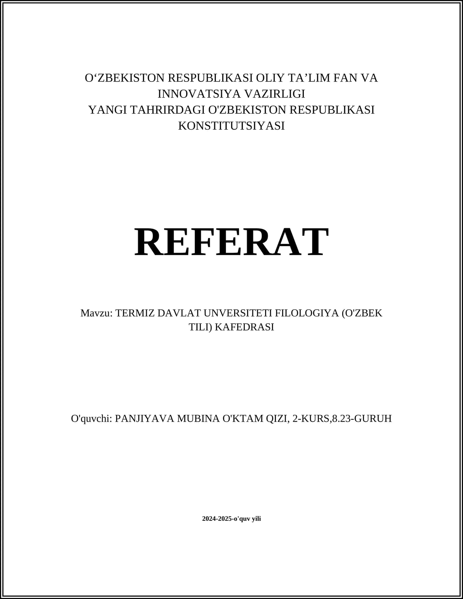 YANGI TAHRIRDAGI O'ZBEKISTON RESPUBLIKASI KONSTITUTSIYASI REFERAT 1