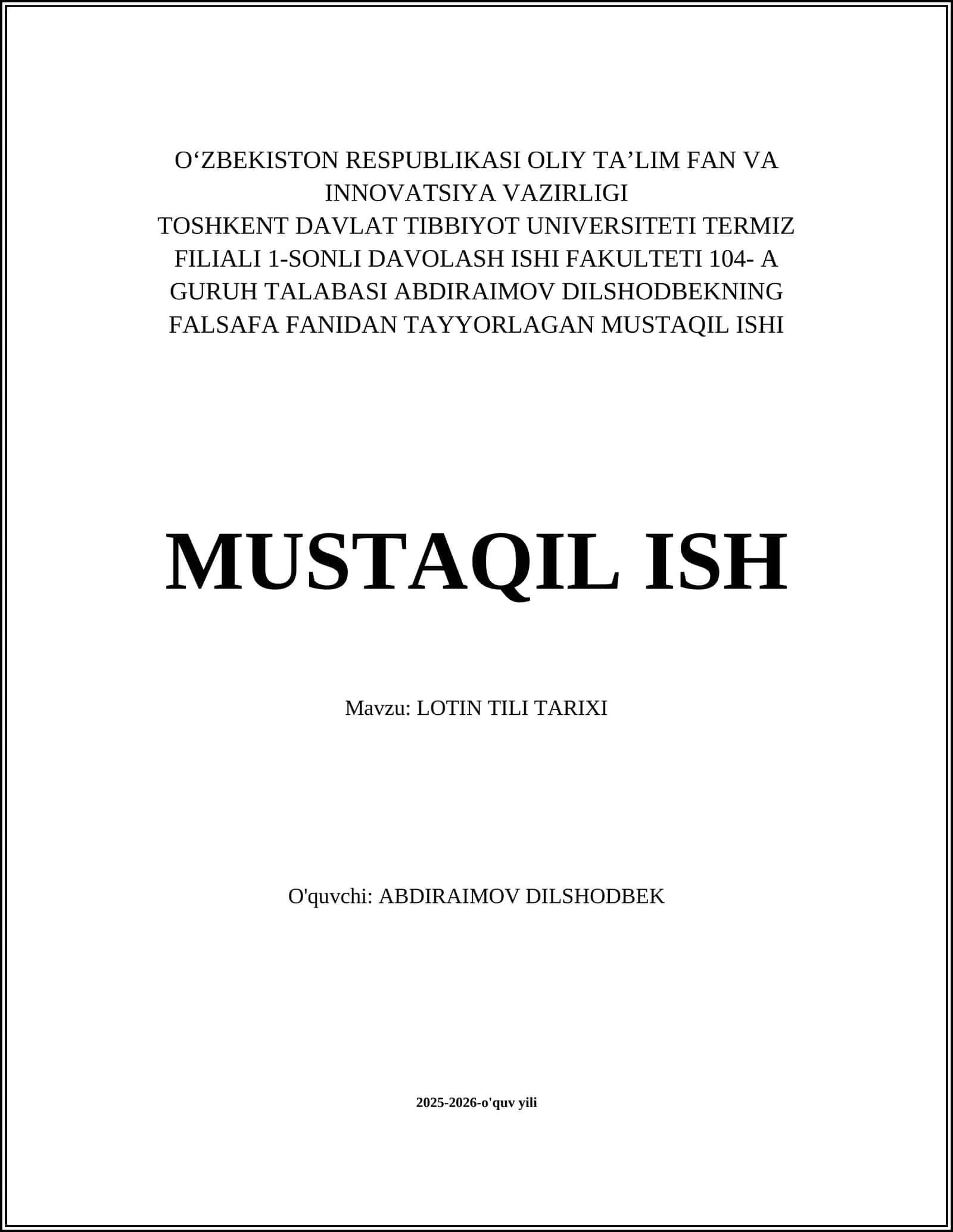 Abdiraimov Dilshodbekning Falasafa Fanidan Tayyorlagan Mustaqil Ishi 1
