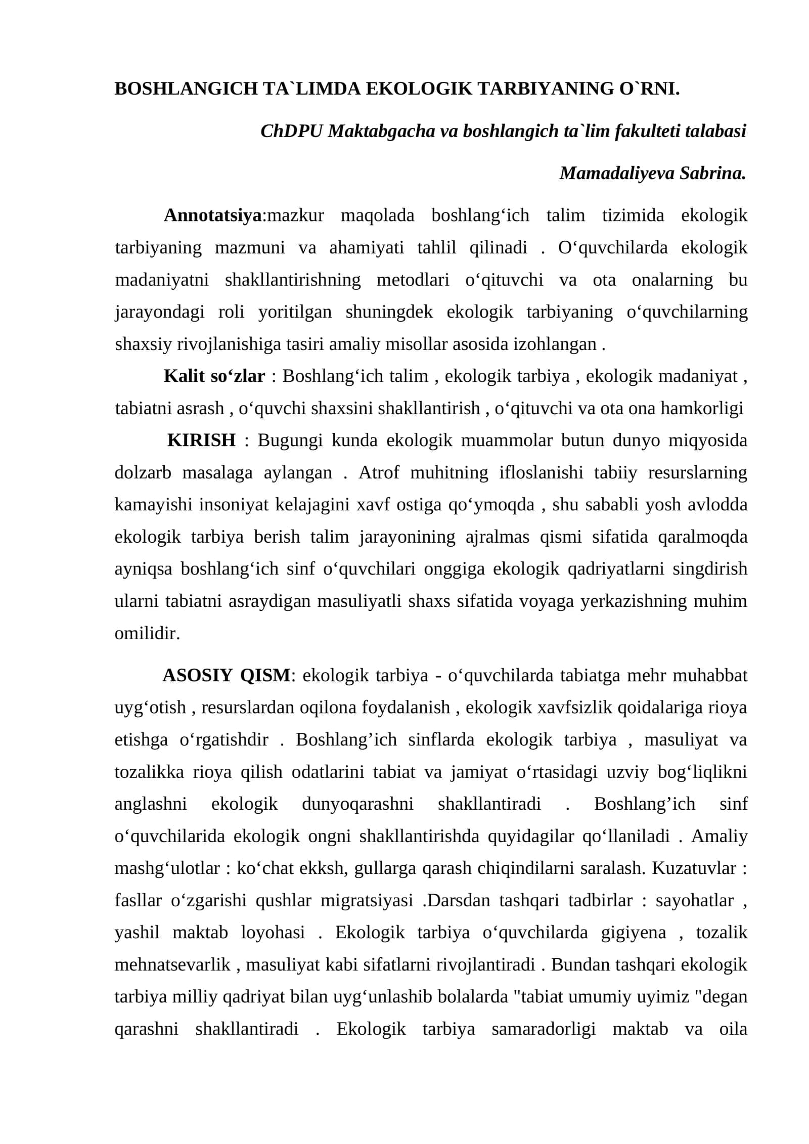 BOSHLANGICH TA`LIMDA EKOLOGIK TARBIYANING O`RNI 1
