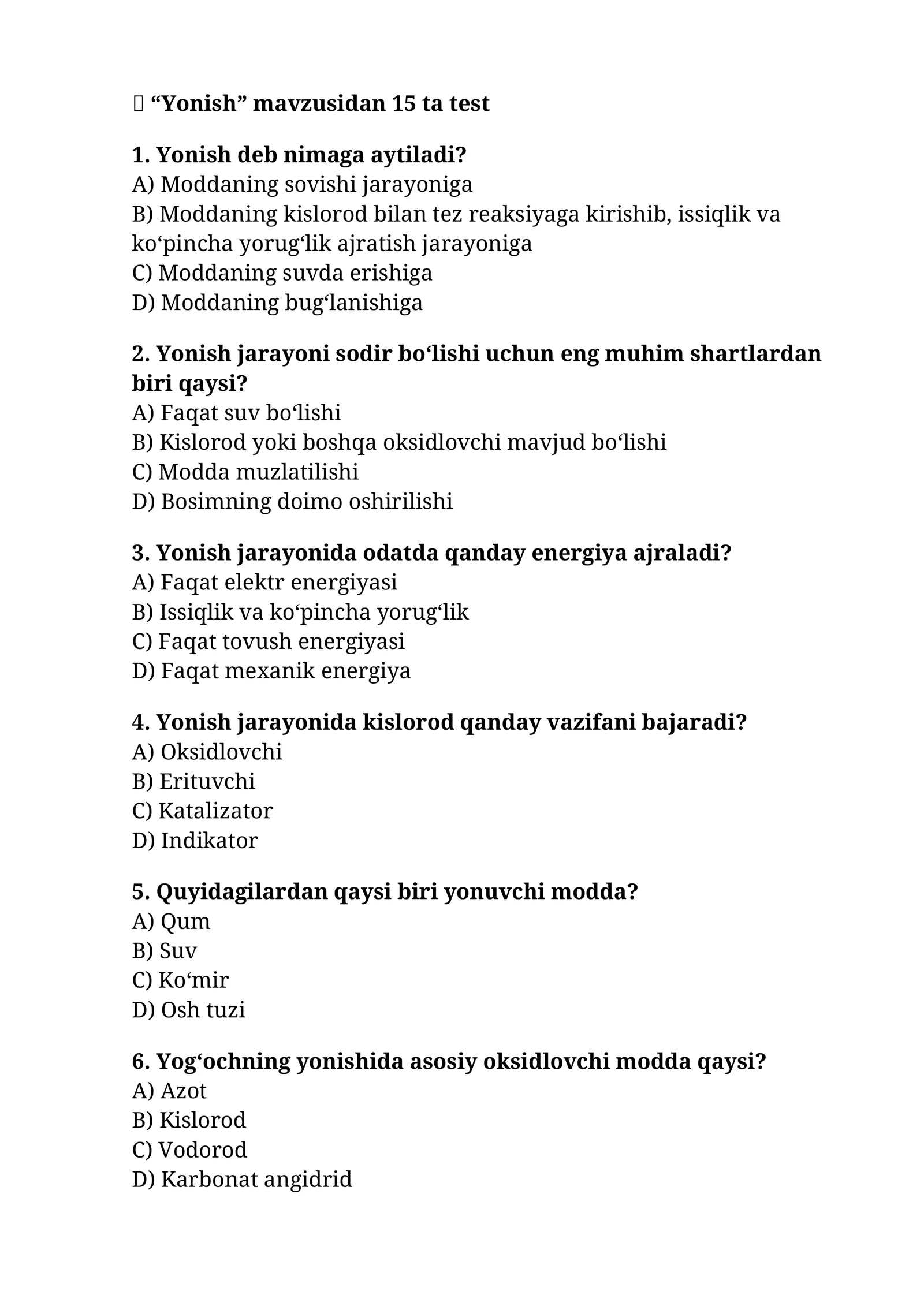 Yonish mavzusiga testlari 1