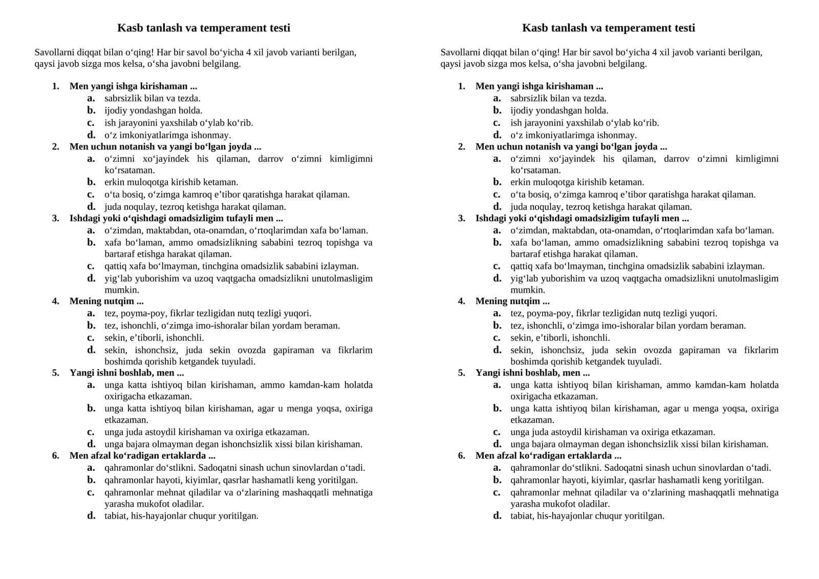 Kasb tanlash va temperament testi 1
