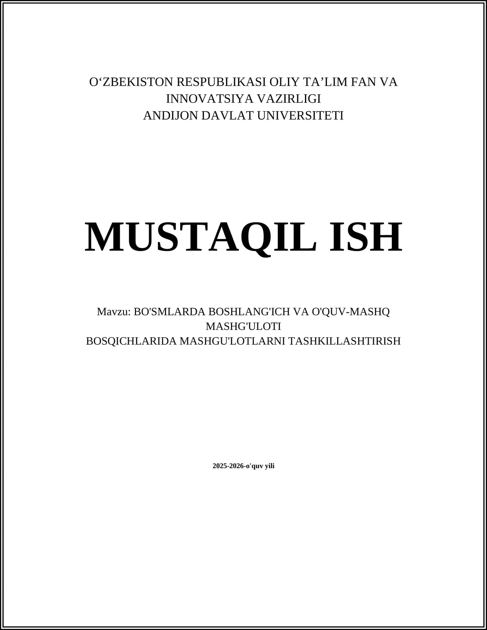BO'SMLARDA BOSHLANG'ICH VA O'QUV-MASHQ MASHG'ULOTI BOSQICHLARIDA MASHGU'LOTLARNI TASHKILLASHTIRISH 1