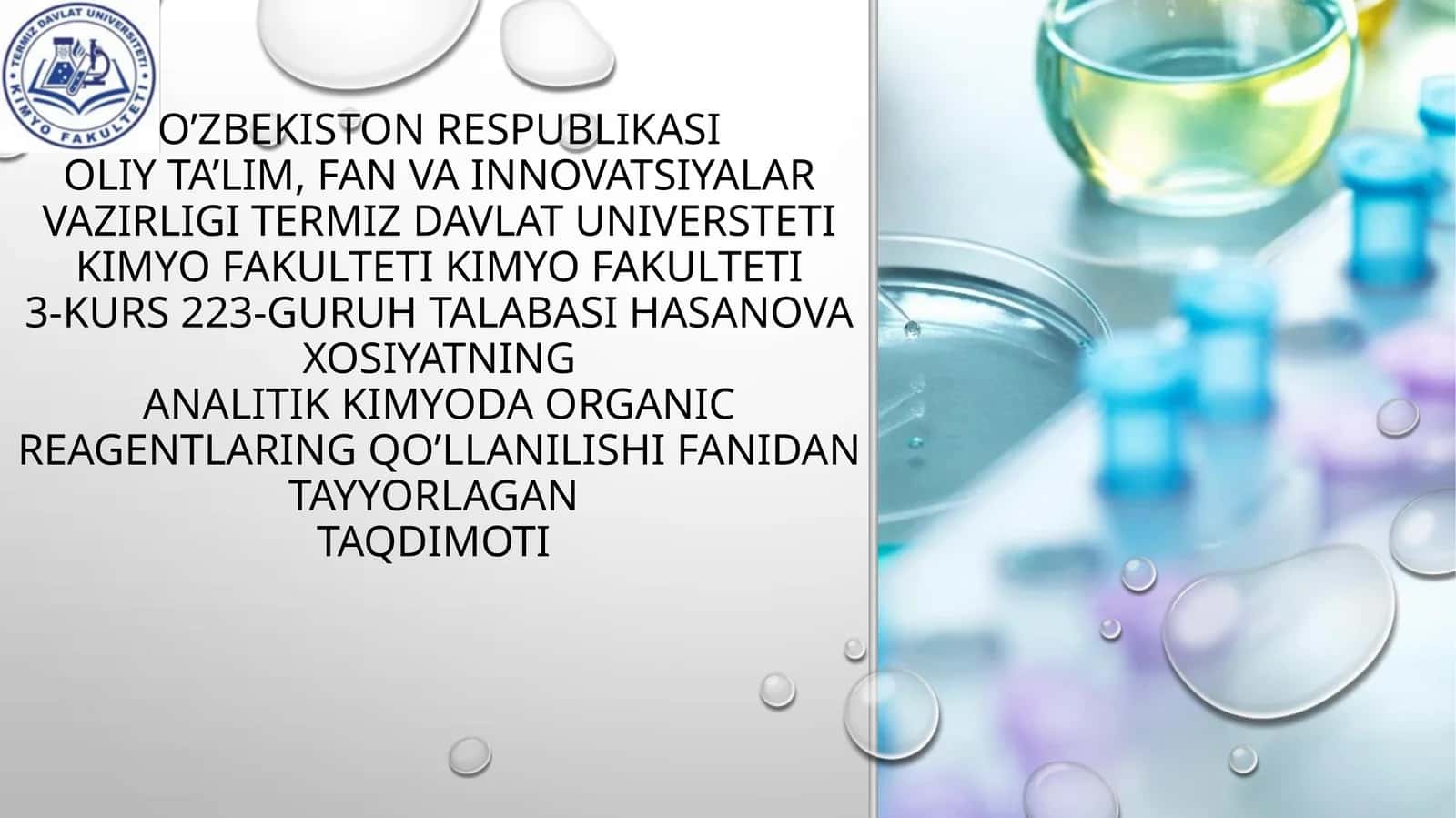 Xosiyatning analitik kimyoda organic reagentlar in qo’llanilishi fanidan tayyorlagan taqdimoti 1