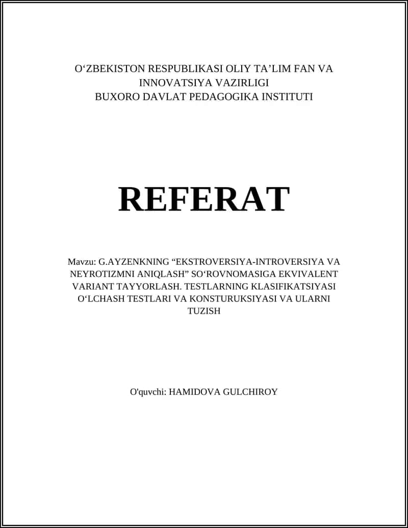 G.AYZENKNING “EKSTROVERSIYA-INTROVERSIYA VA NEYROTIZMNI ANIQLASH” SO‘ROVNOMASI 1