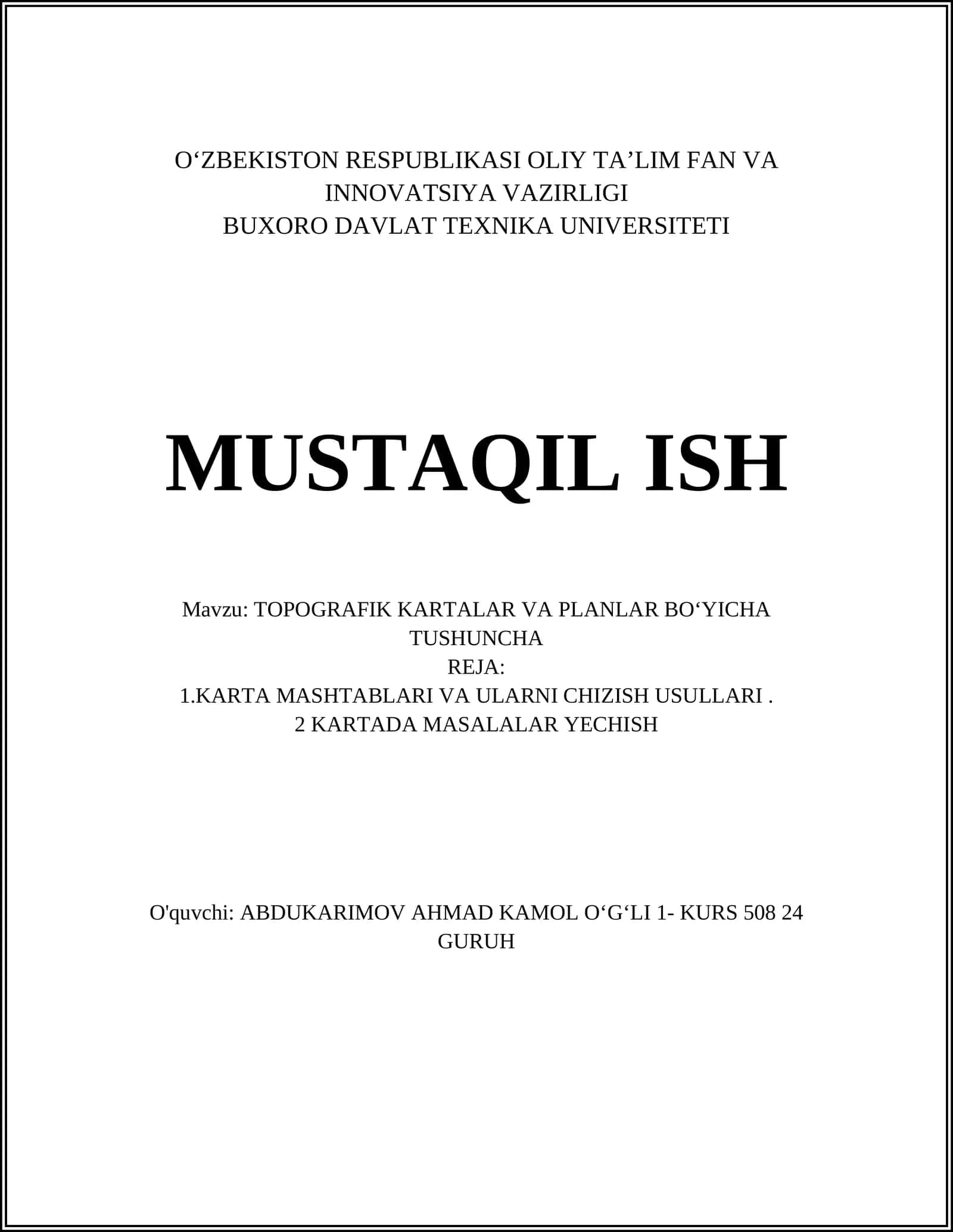 TOPOGRAFIK KARTALAR VA PLANLAR BOʻYICHA TUSHUNCHA 1