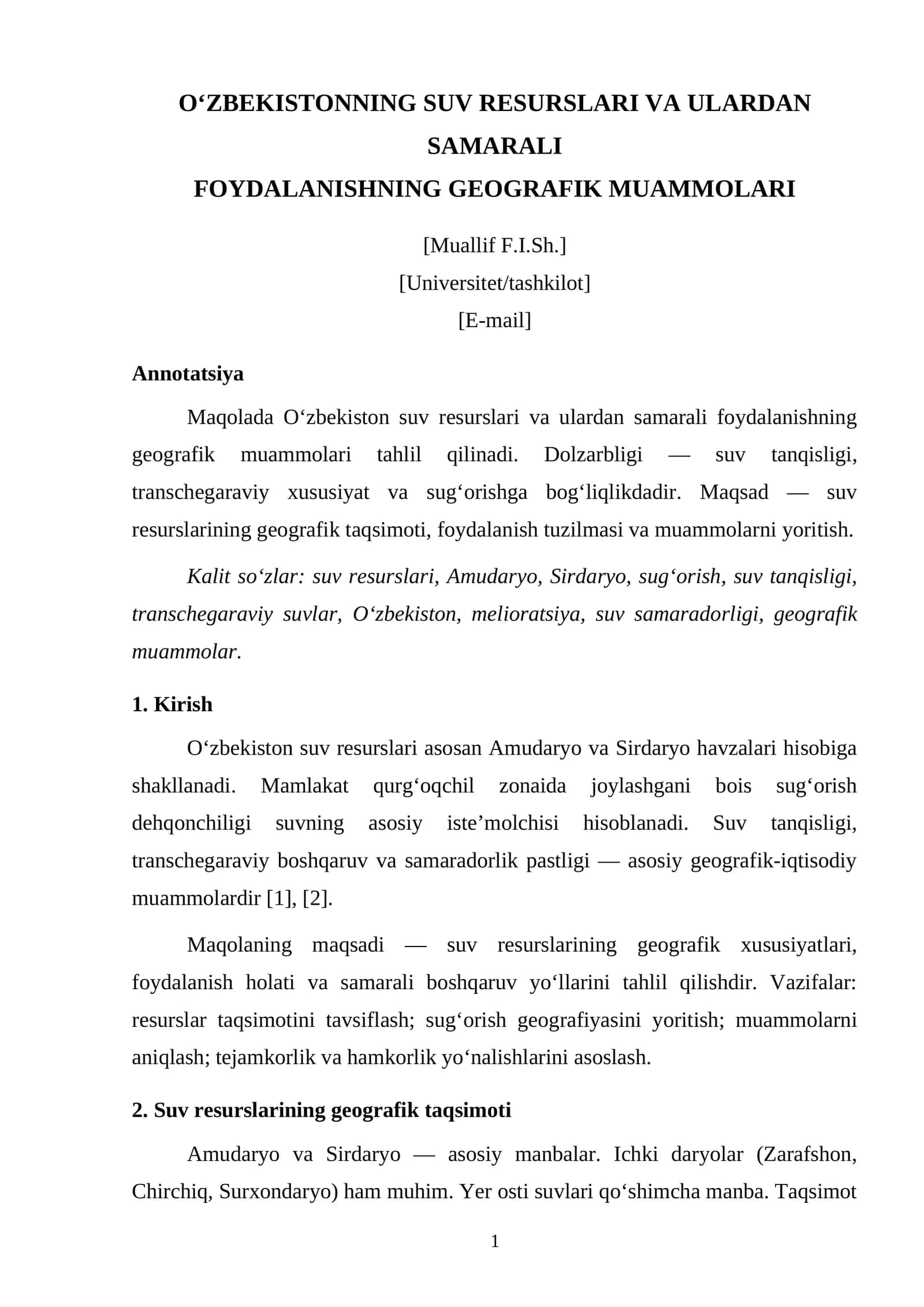 O‘zbekistonning suv resurslari va ulardan samarali foydalanishning geografik muammolari 1
