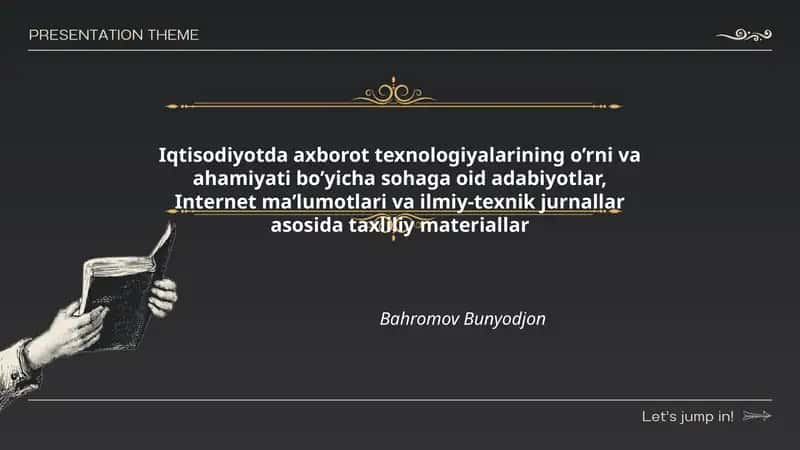 Iqtisodiyotda axborot texnologiyalarining o’rni va ahamiyati bo’yicha sohaga oid adabiyotlar, Internet ma’lumotlari va ilmiy-texnik jurnallar asosida taxliliy materiallar 1