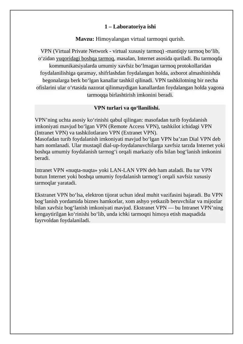 VPN (Virtual Private Network), Himoyalangan virtual tarmoqni qurish. 1