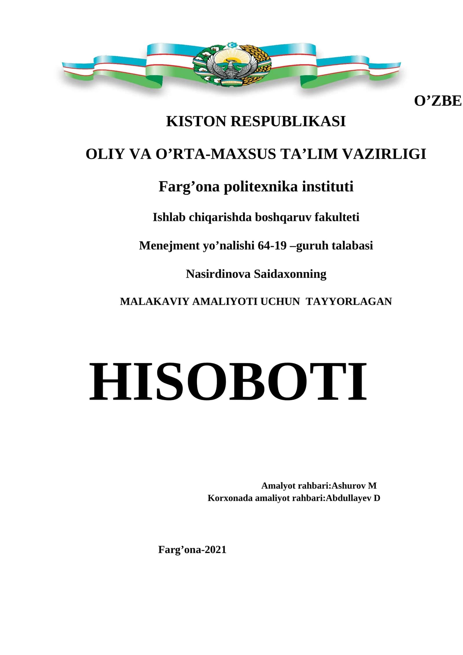 MALAKAVIY AMALIYOTI UCHUN TAYYORLAGAN HISOBOTI 1