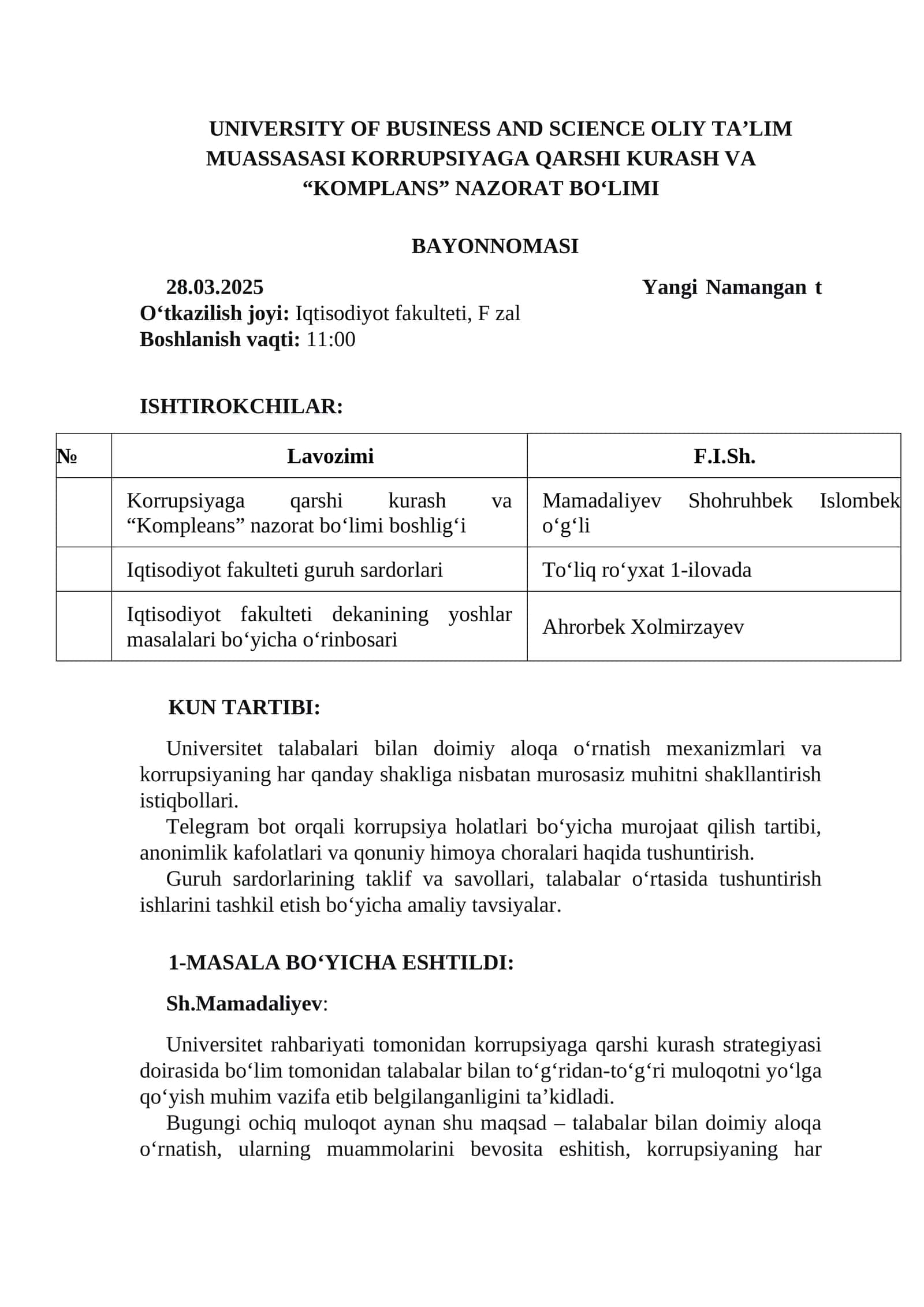 Korrupsiyaga qarshi kurash va "Kompleans" nazorat bo‘limi 1