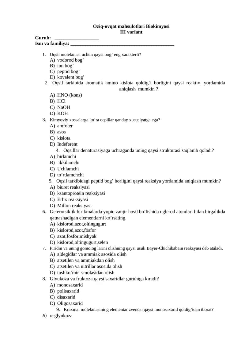 Oziq-ovqat mahsulotlari Biokimyosi III variant 1