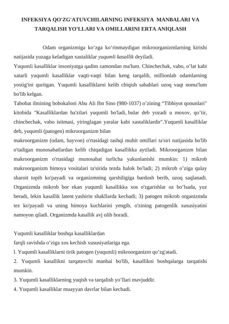 INFEKSIYA QO'ZG'ATUVCHILARNING INFEKSIYA MANBALARI VA TARQALISH YO’LLARI VA OMILLARINI ERTA ANIQLASH 1